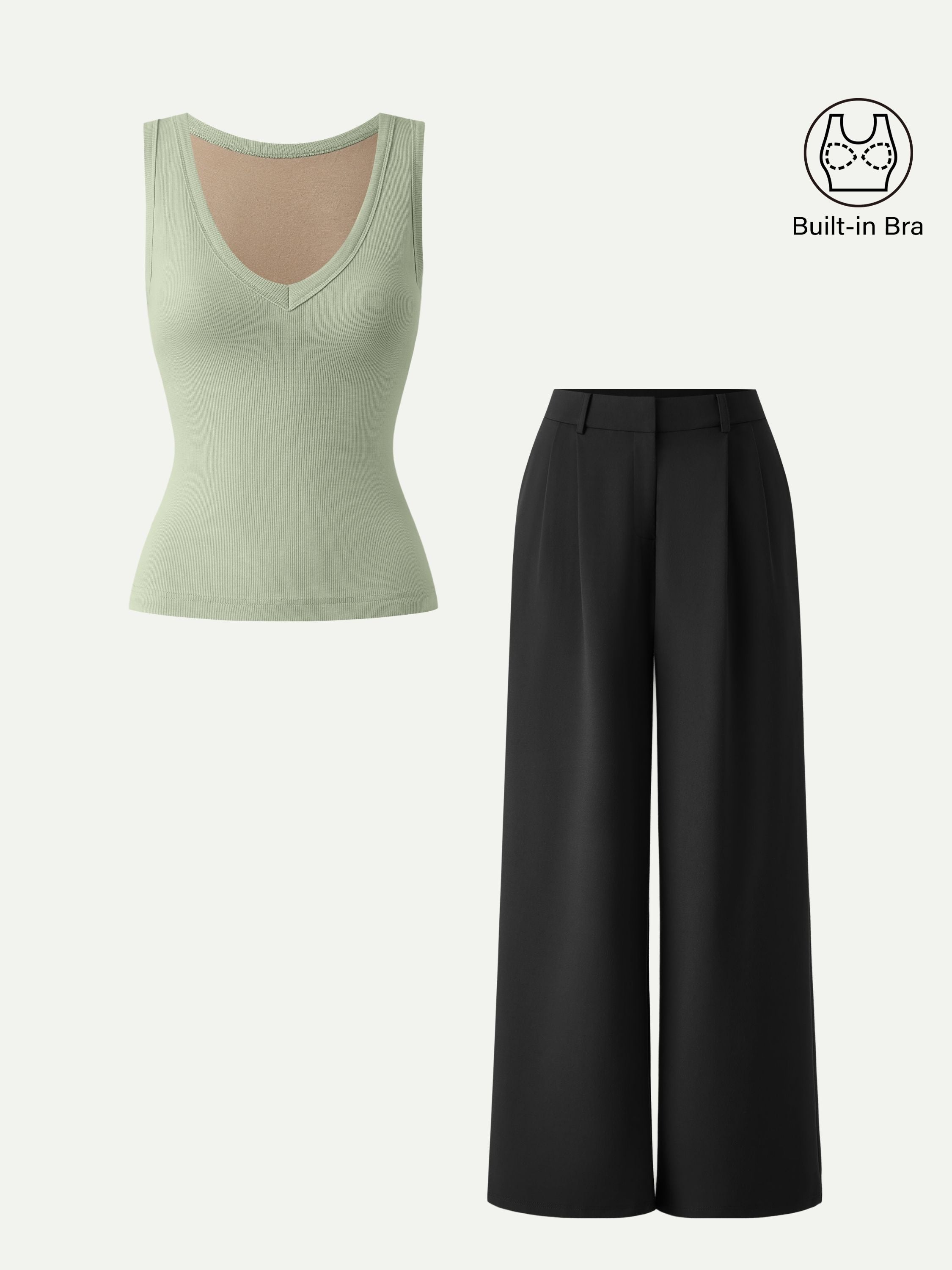 2Pcs Set V-neck Brami Tank & Wide Leg Pant with Pockets