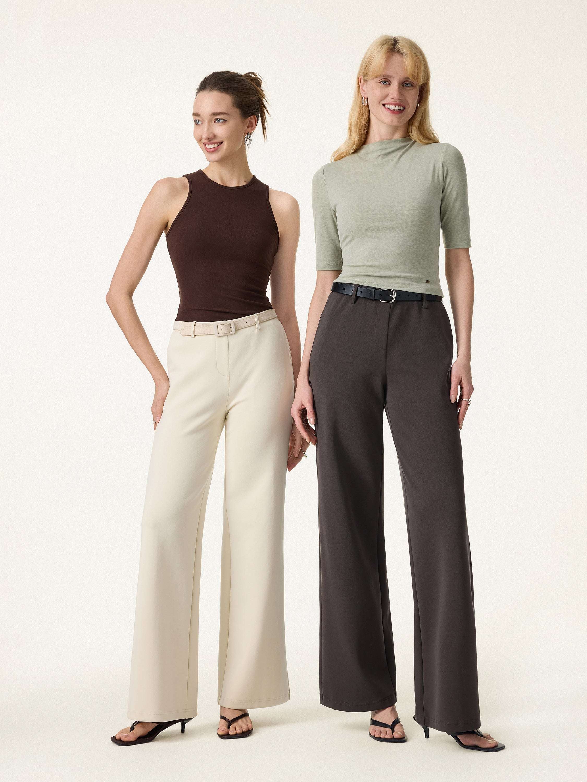 Stretch Cotton Mid Rise Flared Wide Leg Pull-on Pants with Pockets