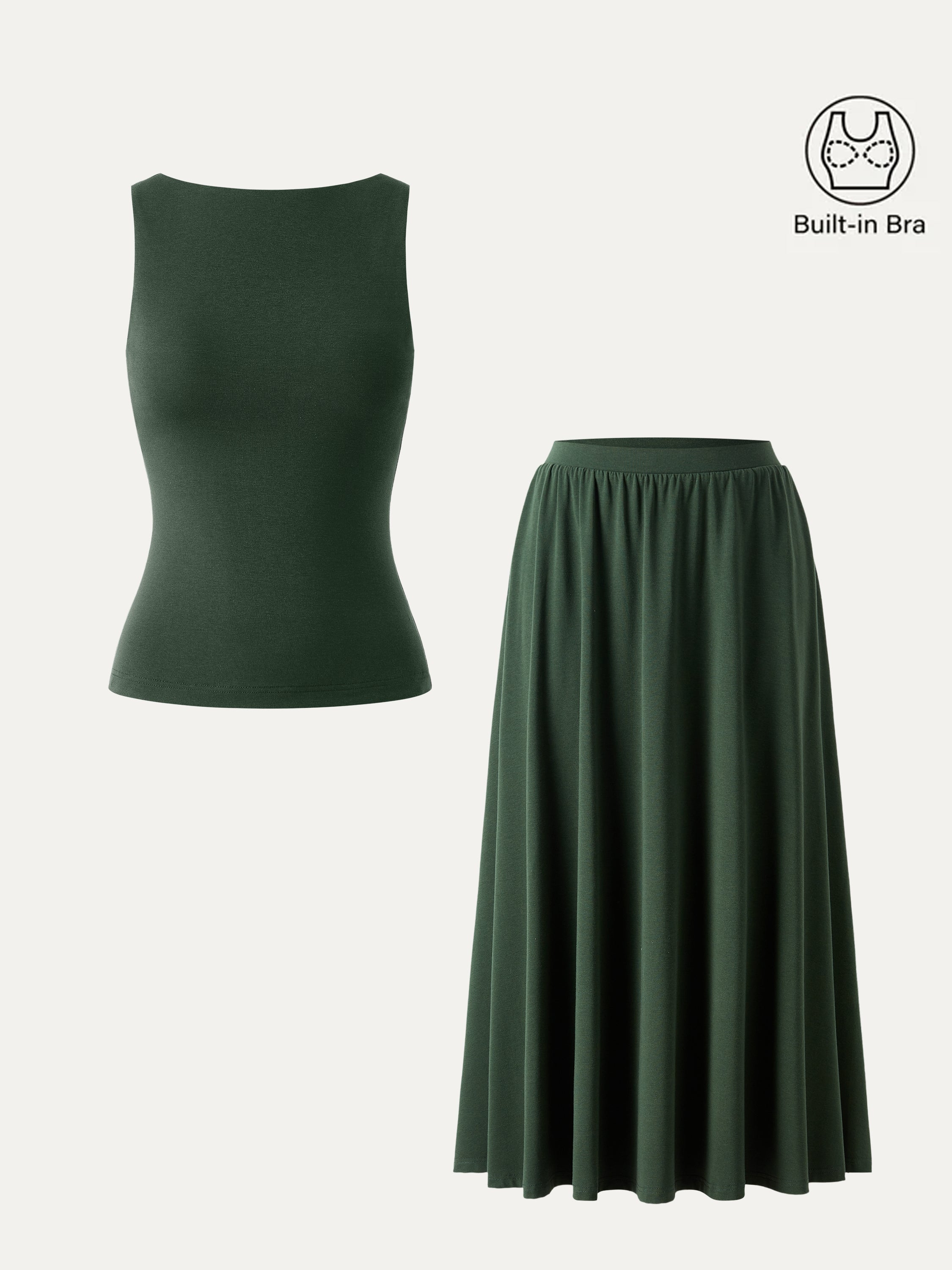 2Pcs Set Stretch Cotton Boatneck Brami Tank & Maxi Umbrella Skirt with Pockets