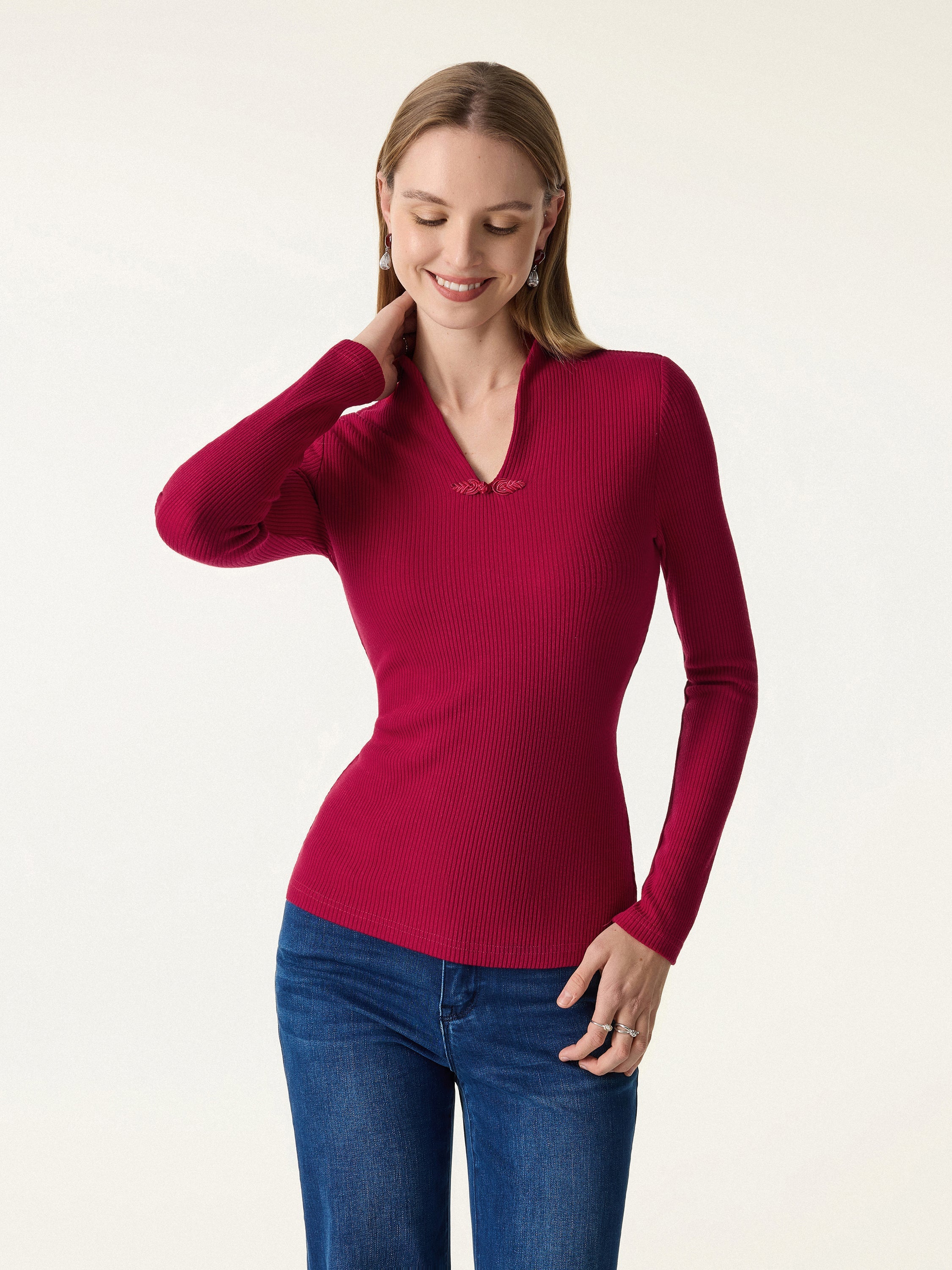 Ribbed Stand V-neck Frog Button Long Sleeve Brami Limited Edition