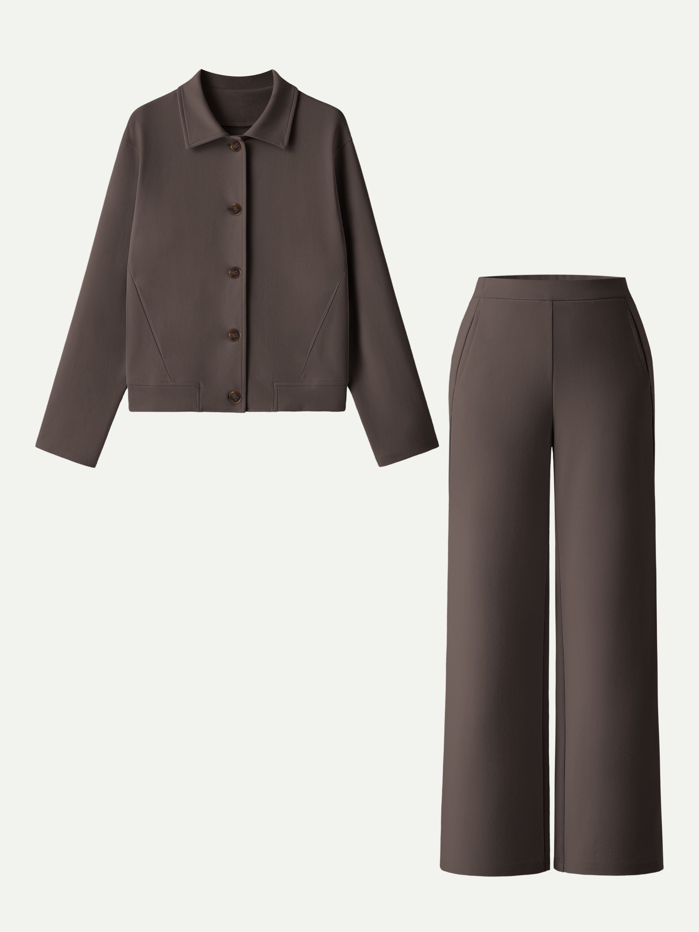 2Pcs Set Collared Button-Front Jacket & Straight Pull-on Pants with Pockets