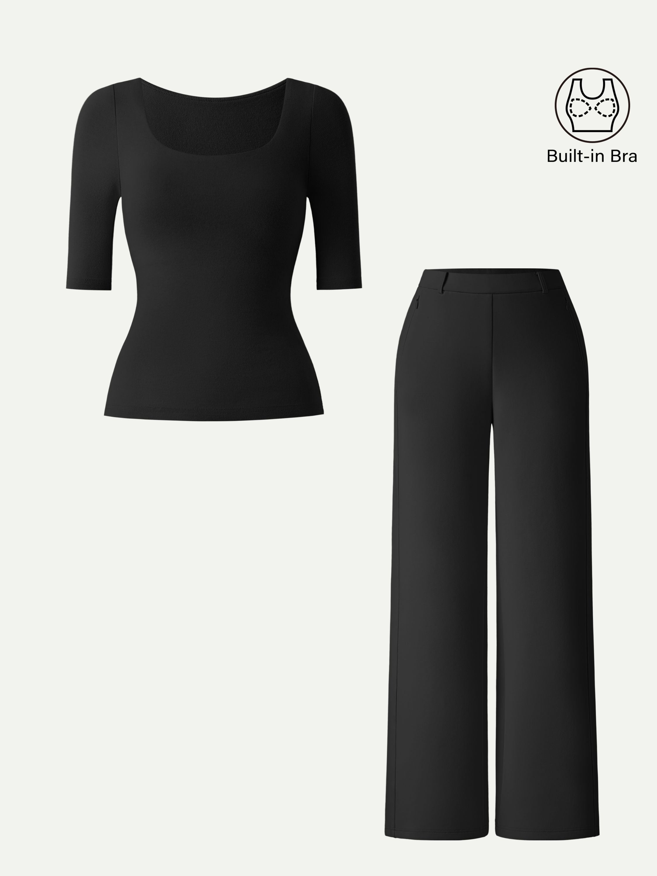 2Pcs Set Square Neck Elbow Length Sleeve Brami & High Rise Wide Leg Pants