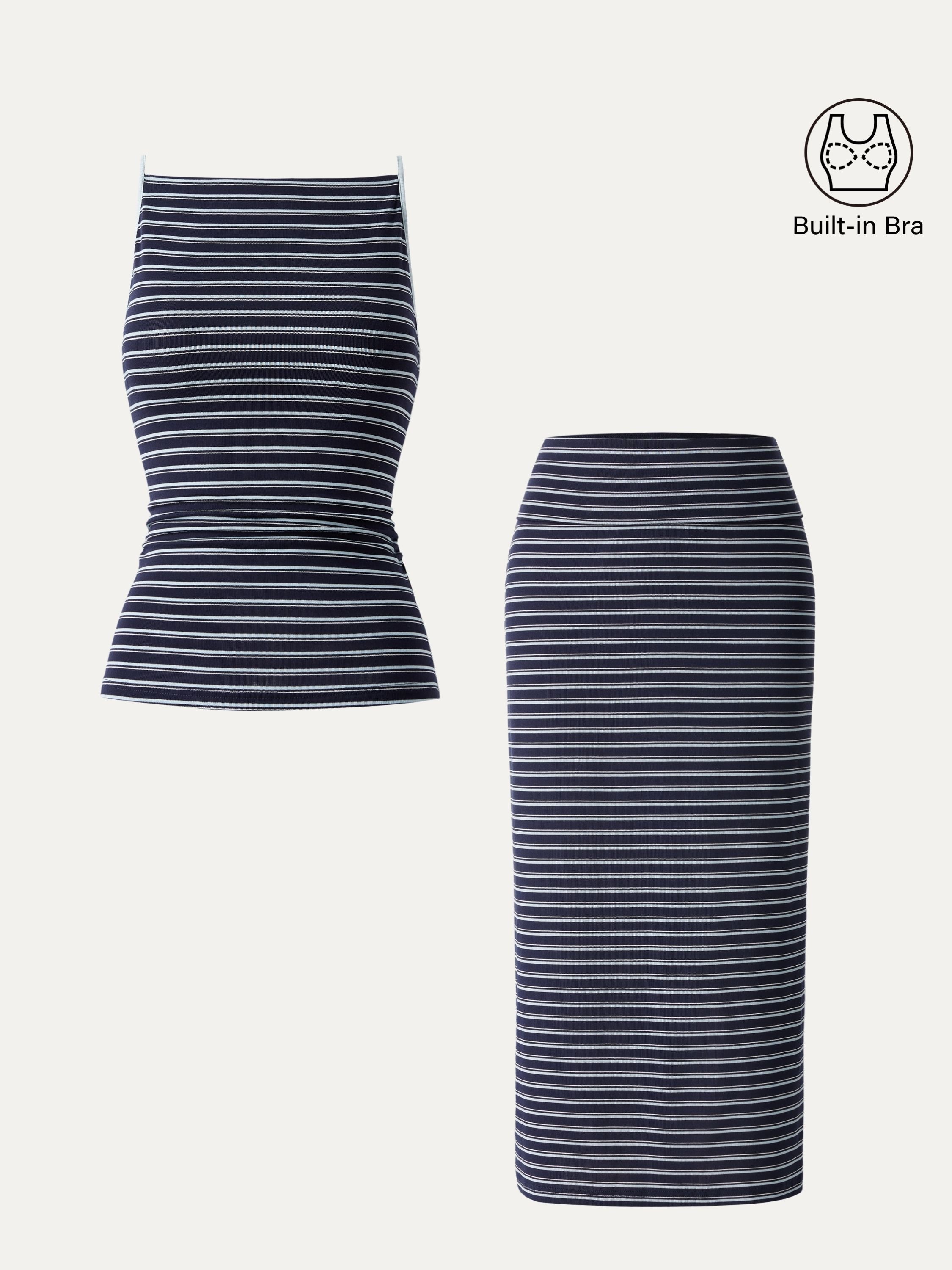 2Pcs Set Striped Spaghetti Brami & Low Rise Striped Midi Skirt