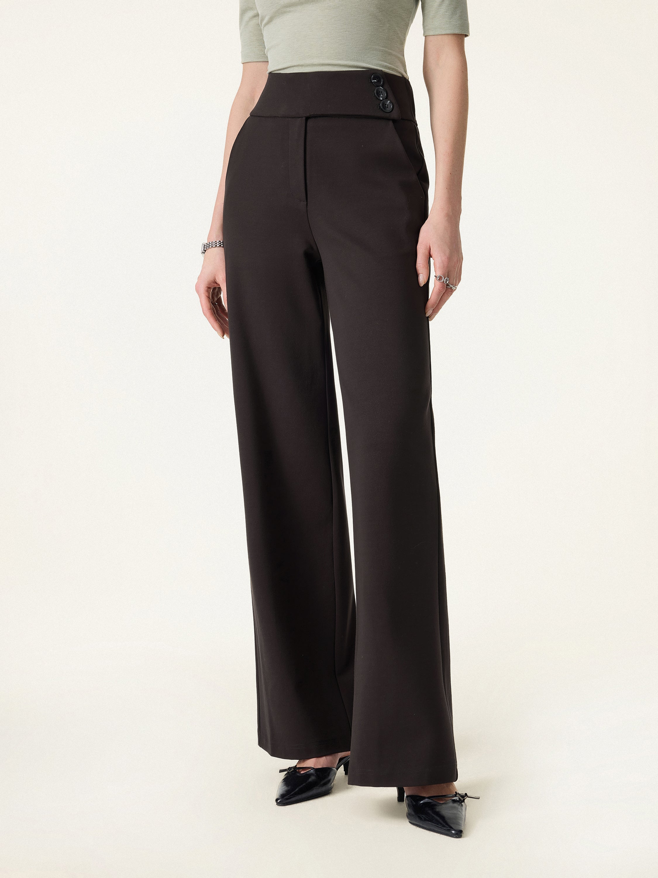 Stretchy High Rise Wide Leg Pants with Pockets