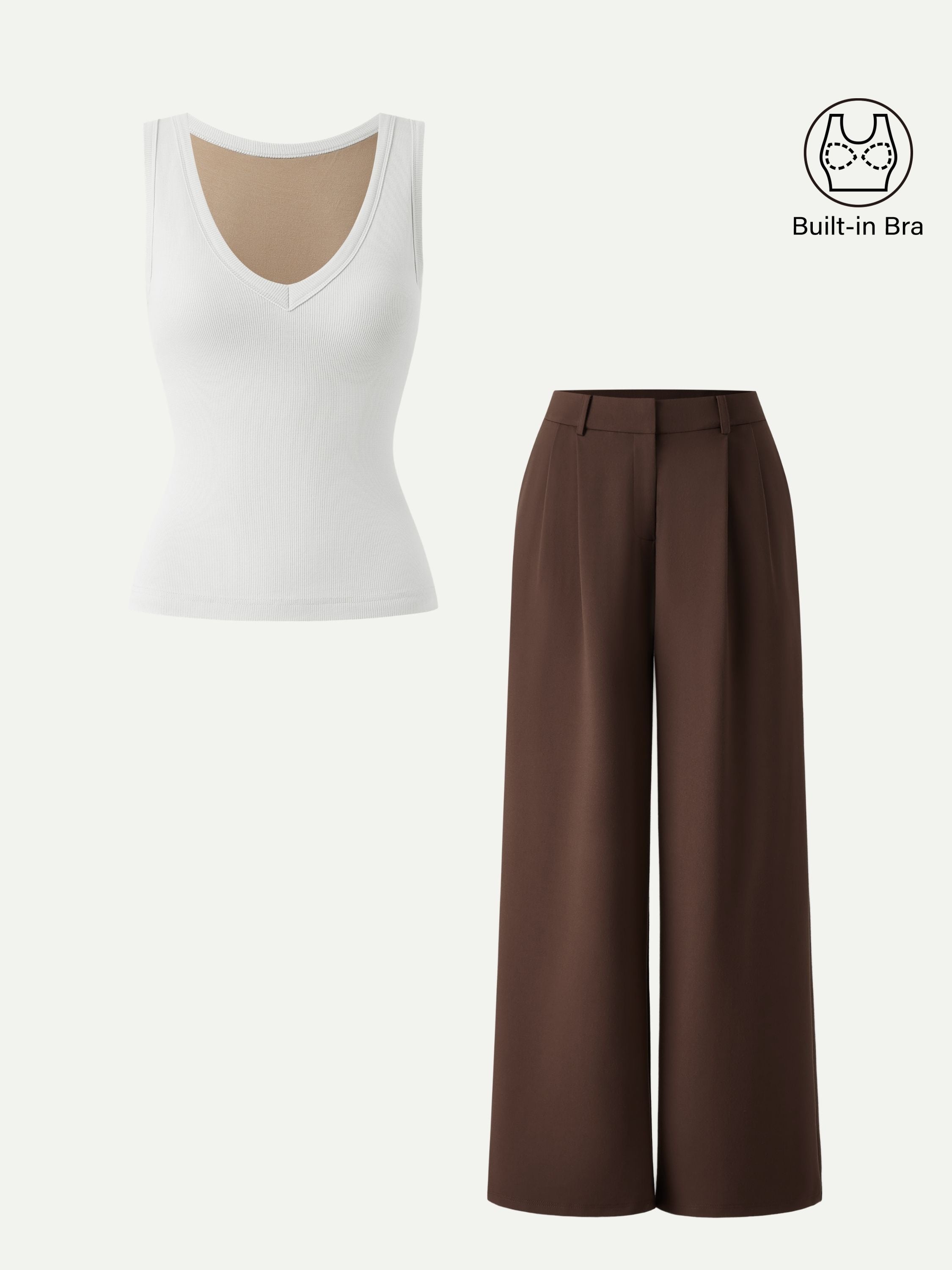 2Pcs Set V-neck Brami Tank & Wide Leg Pant with Pockets