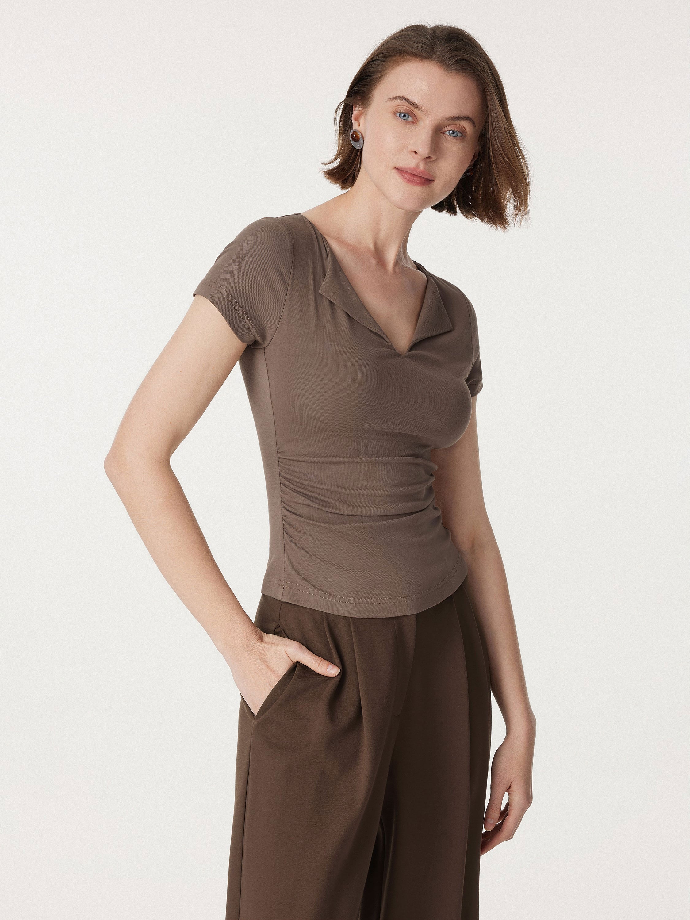 Flapped V-neck Side Ruched New Airy Brami Tee