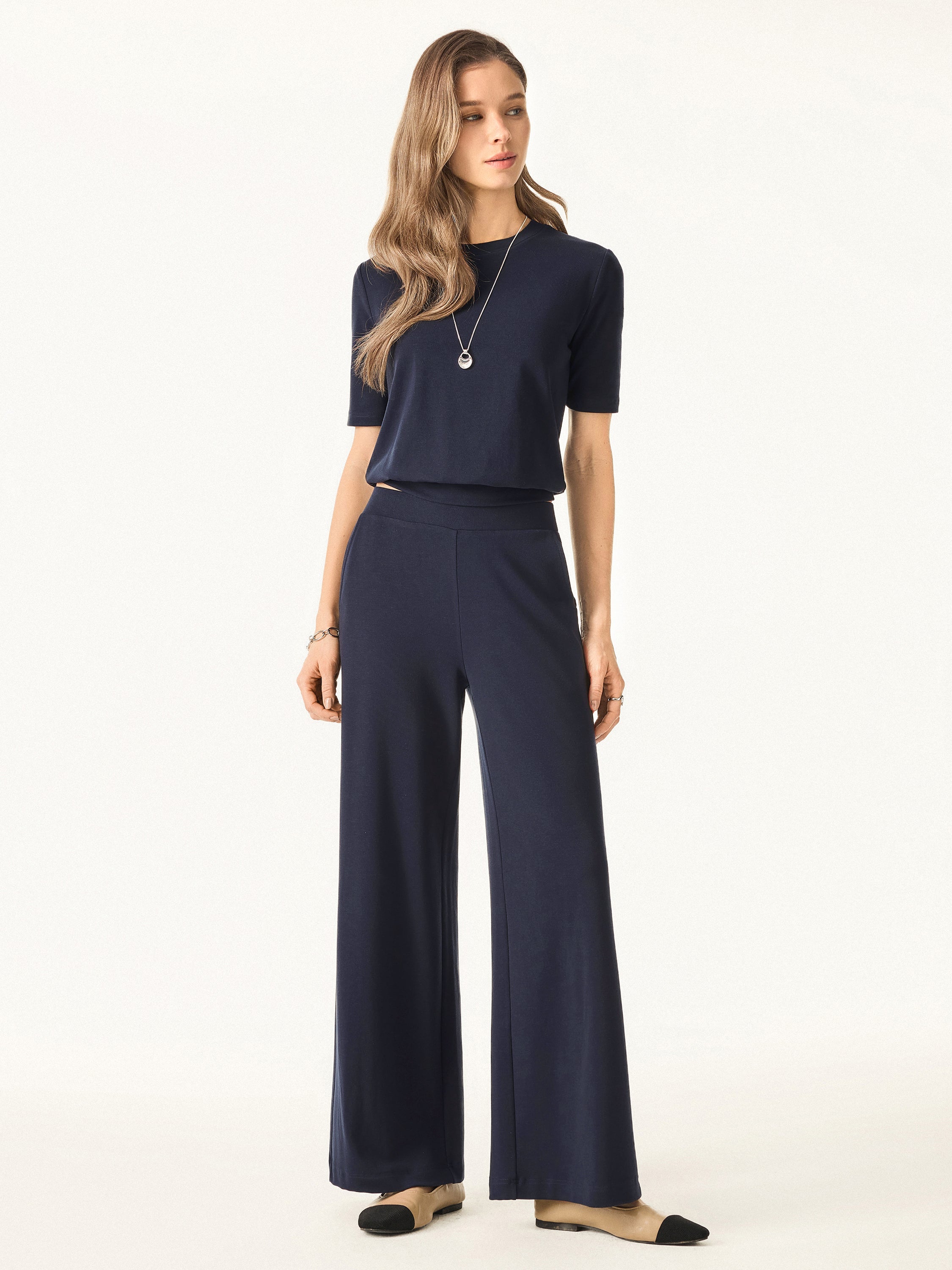 Lyocell Wool Mid Rise Wide Leg Pull-on Pants with Pockets