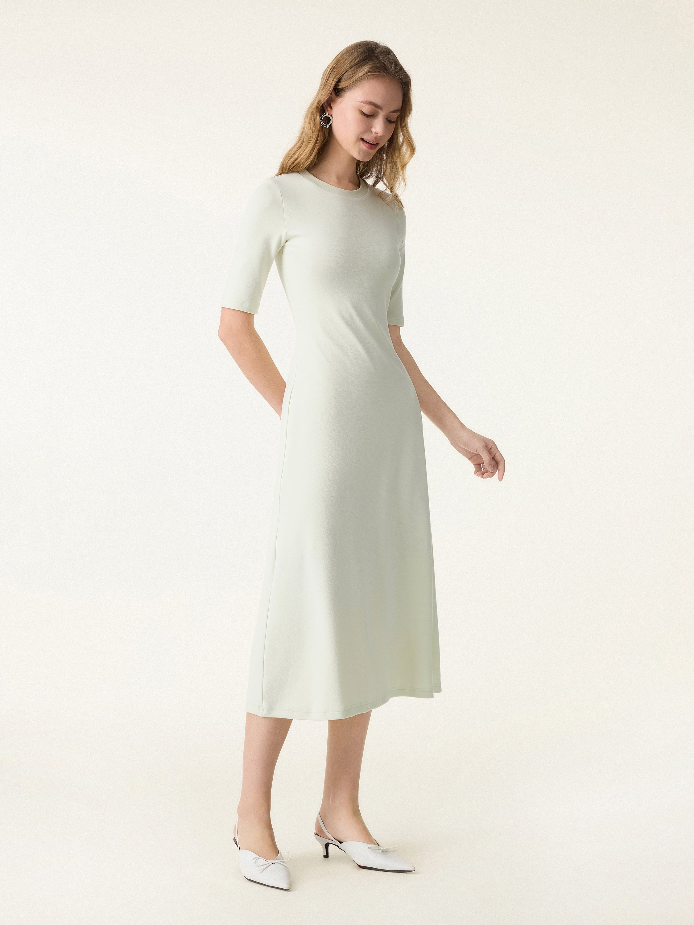 Cotton Lyocell Crewneck Midi Brami Dress with Pockets