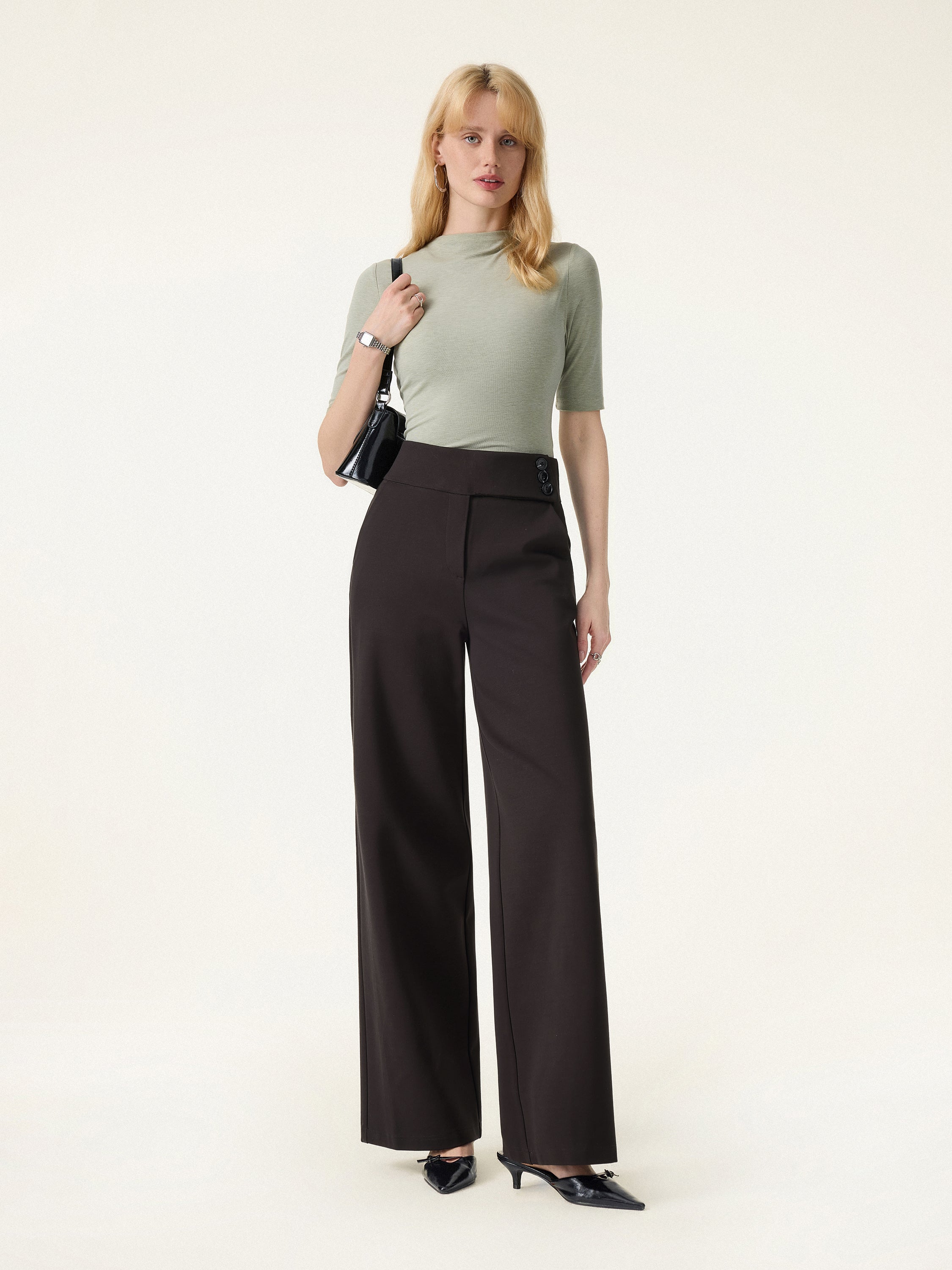 Stretchy High Rise Wide Leg Pants with Pockets