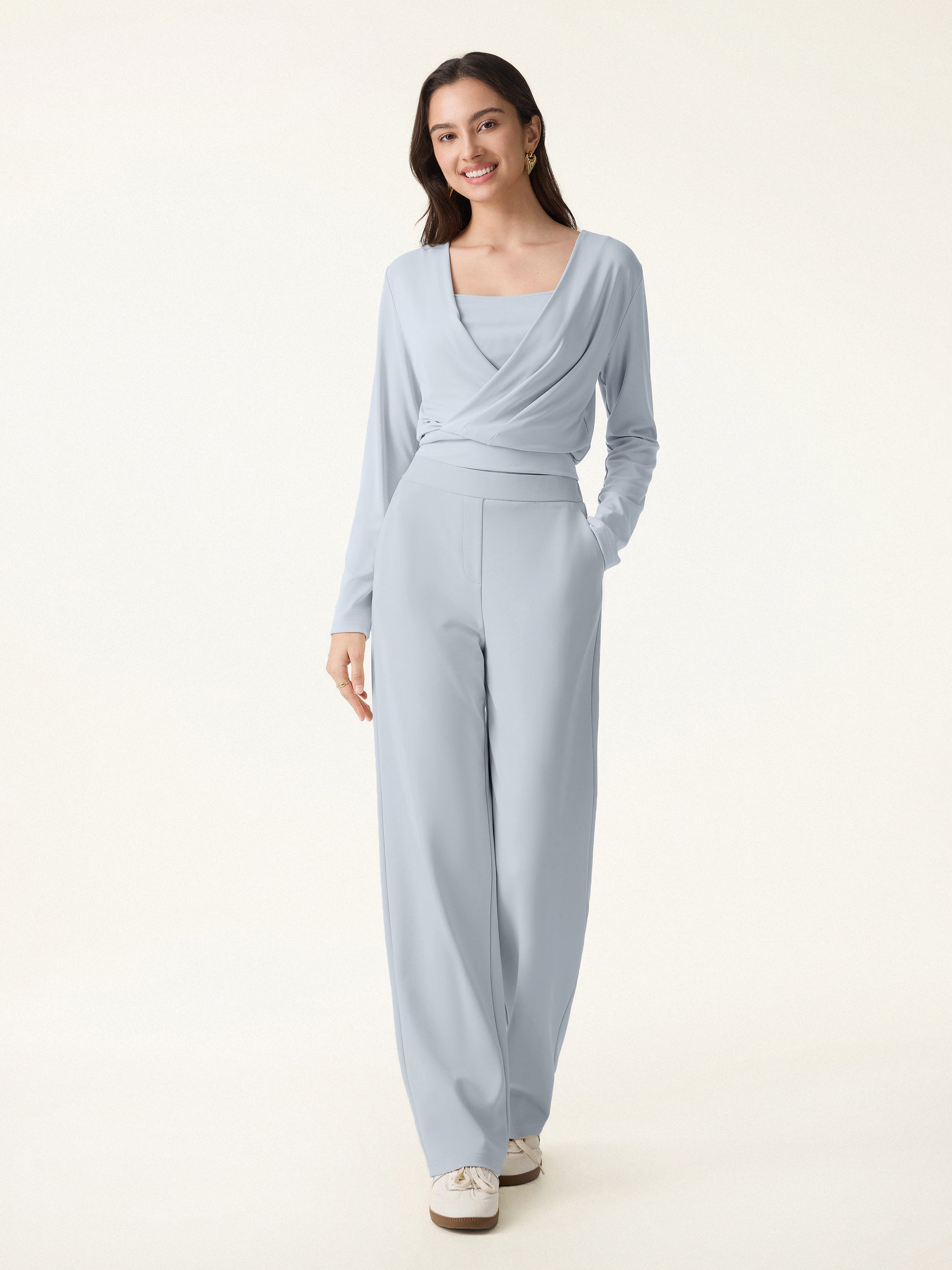 2Pcs Set Modal 2-in-1 Wrap Brami Top & Straight Leg Pull-on Travel Pants