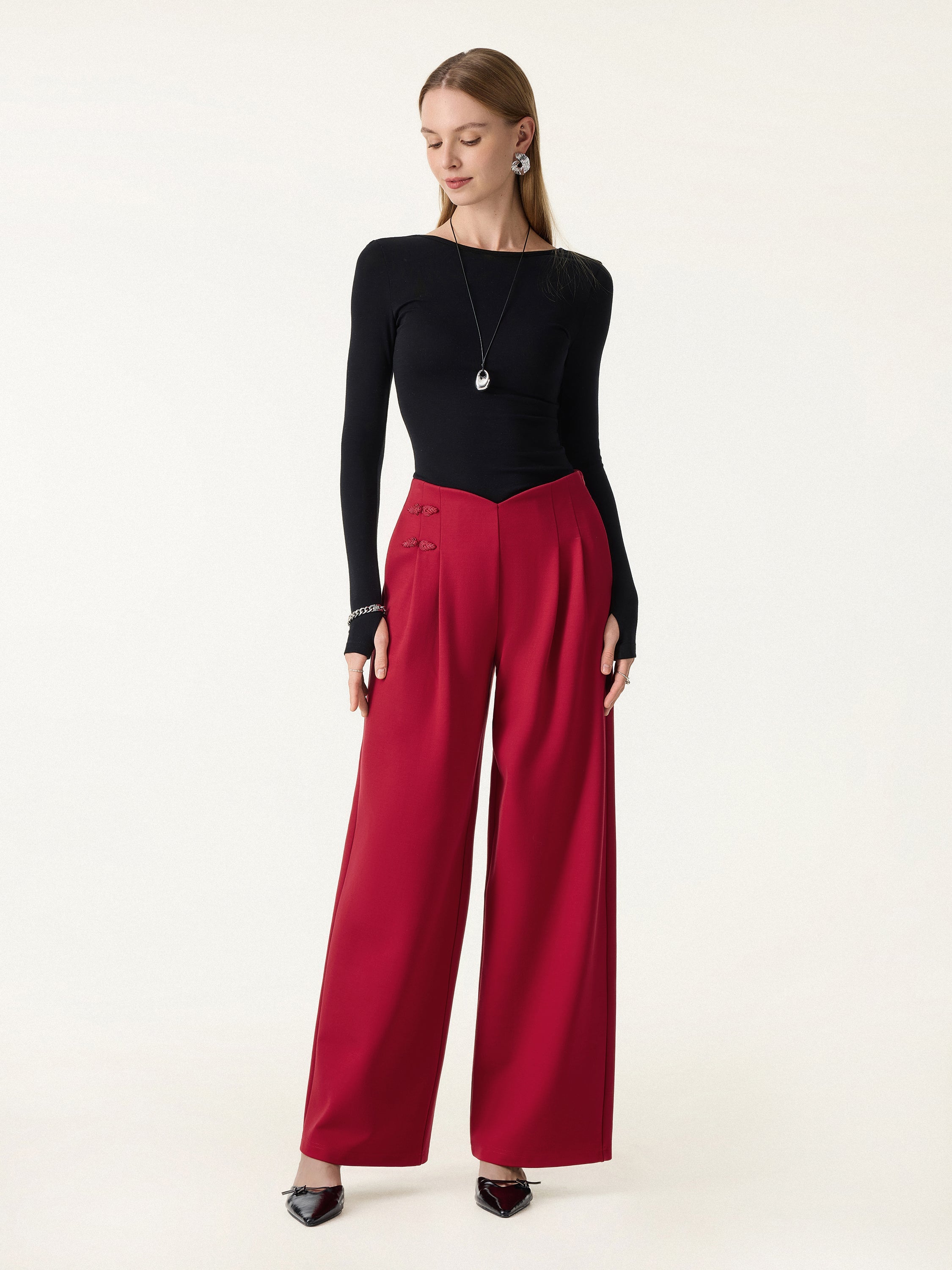Statement Frog Button High Rise Wide Leg Pants with Pockets Limited Edition
