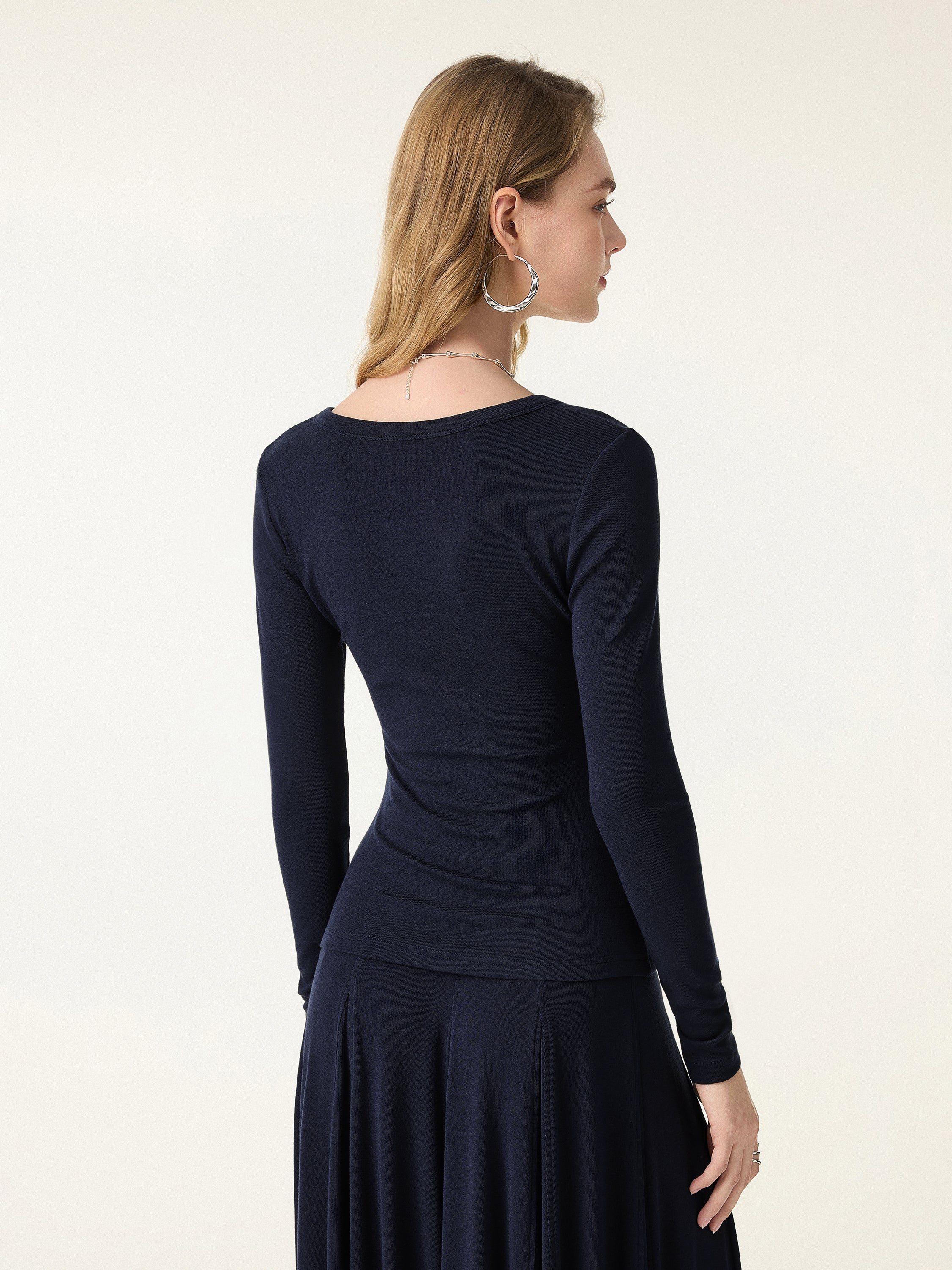 Lyocell Wool Surplice Ruched Long Sleeve Top
