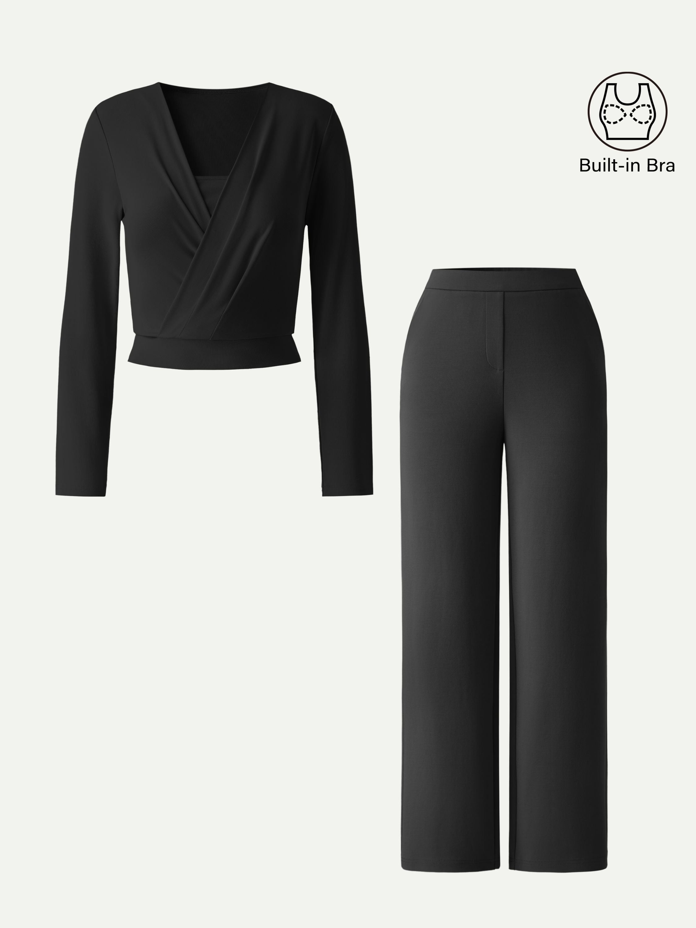 2Pcs Set Modal 2-in-1 Wrap Brami Top & Straight Leg Pull-on Travel Pants