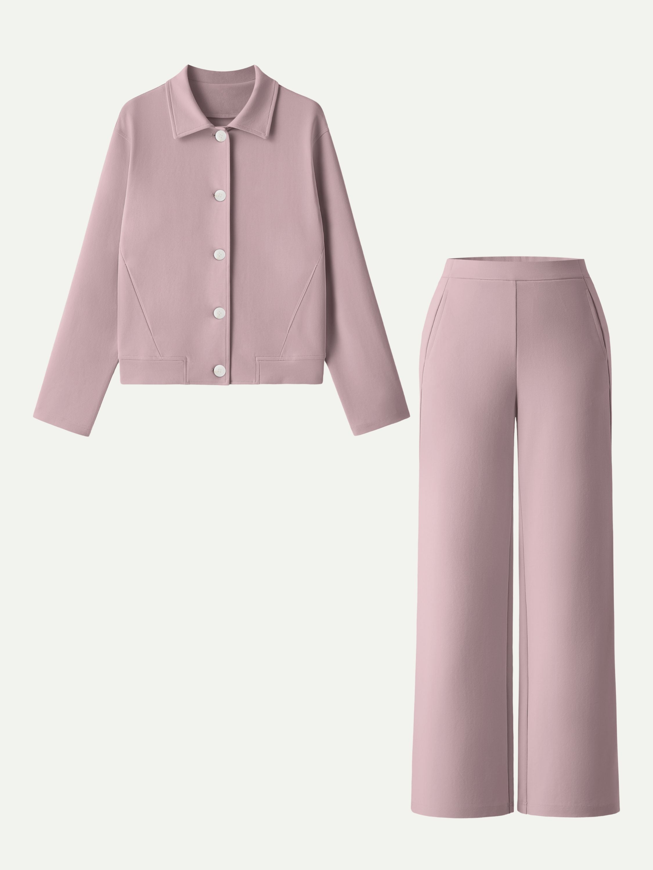 2Pcs Set Collared Button-Front Jacket & Straight Pull-on Pants with Pockets