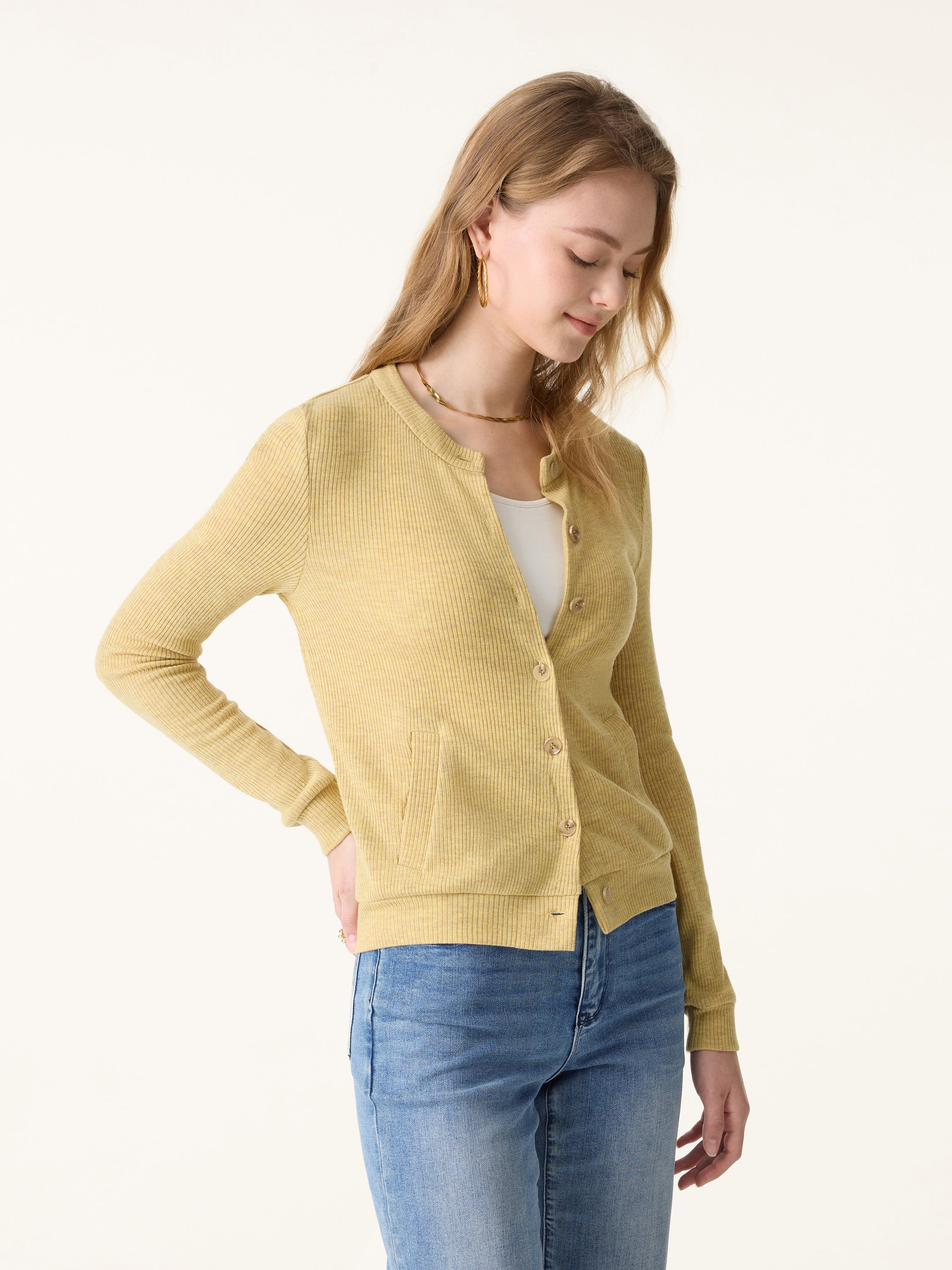 Relaxed Fit Round Neck Button Front Cardigan