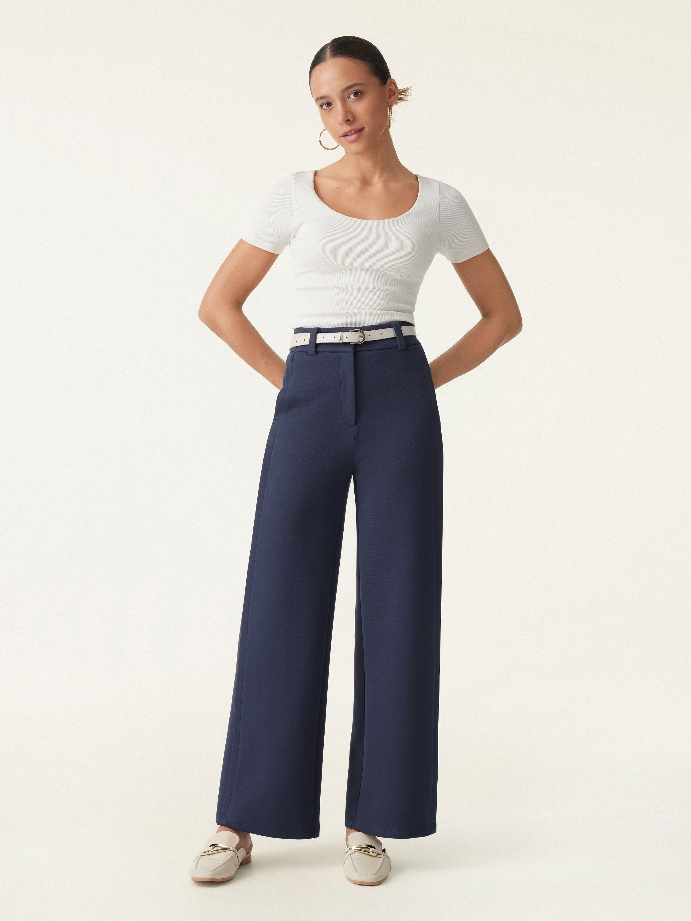 Stretchy Mid Rise Fly-Front Wide Leg Trousers