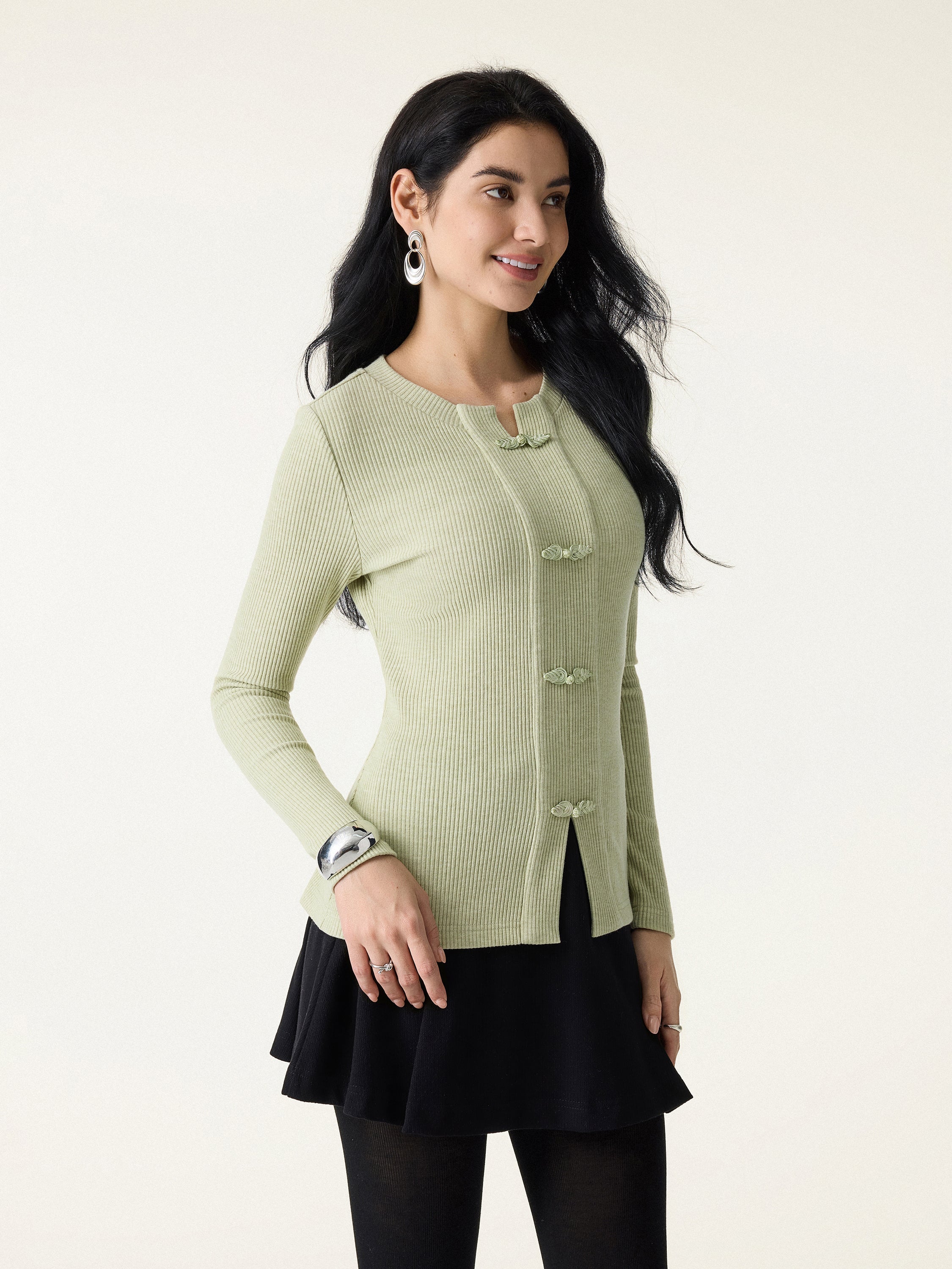 Ribbed Frog Button Round Neck Long Sleeve Top Limited Edition