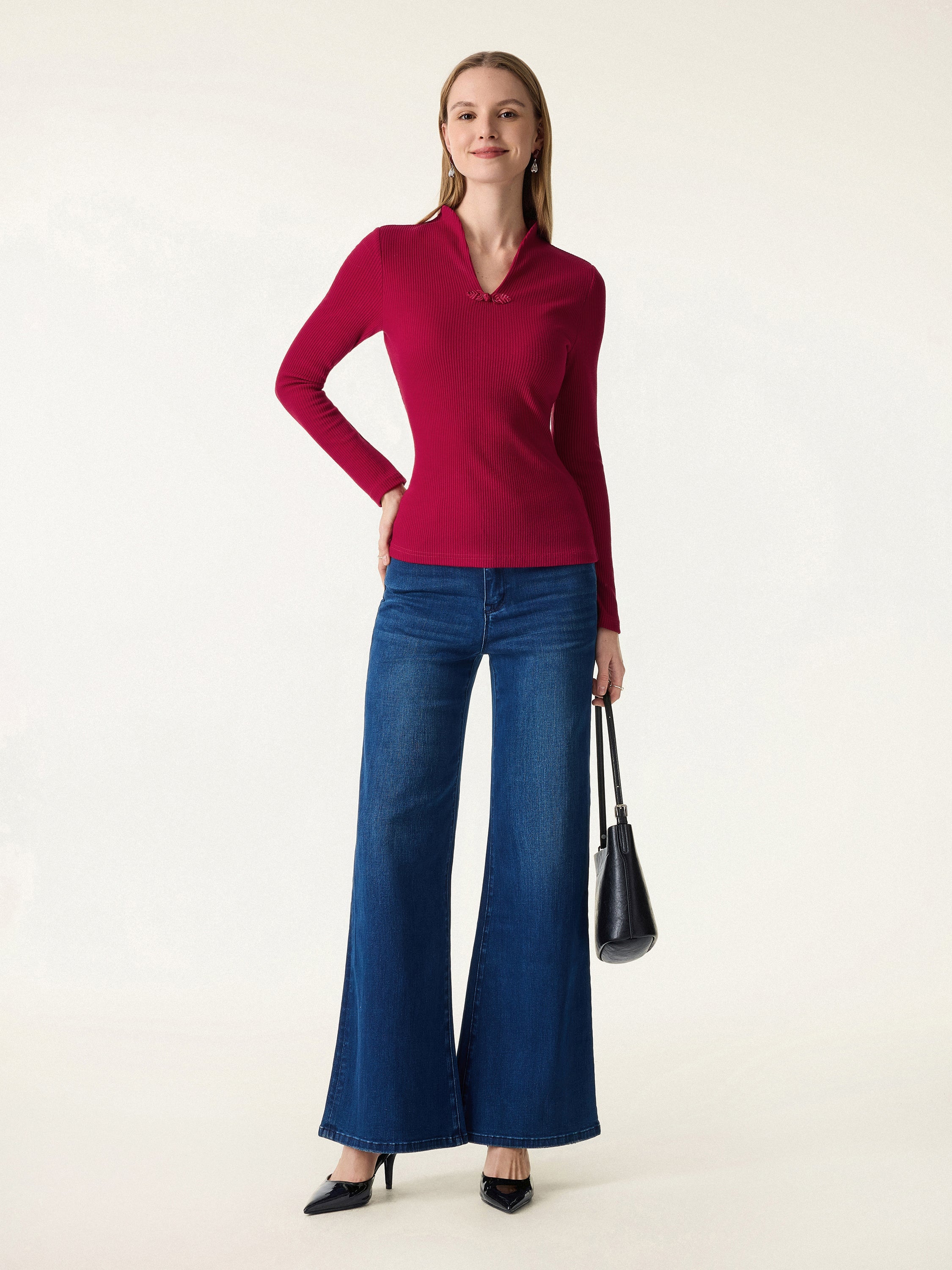Ribbed Stand V-neck Frog Button Long Sleeve Brami Limited Edition