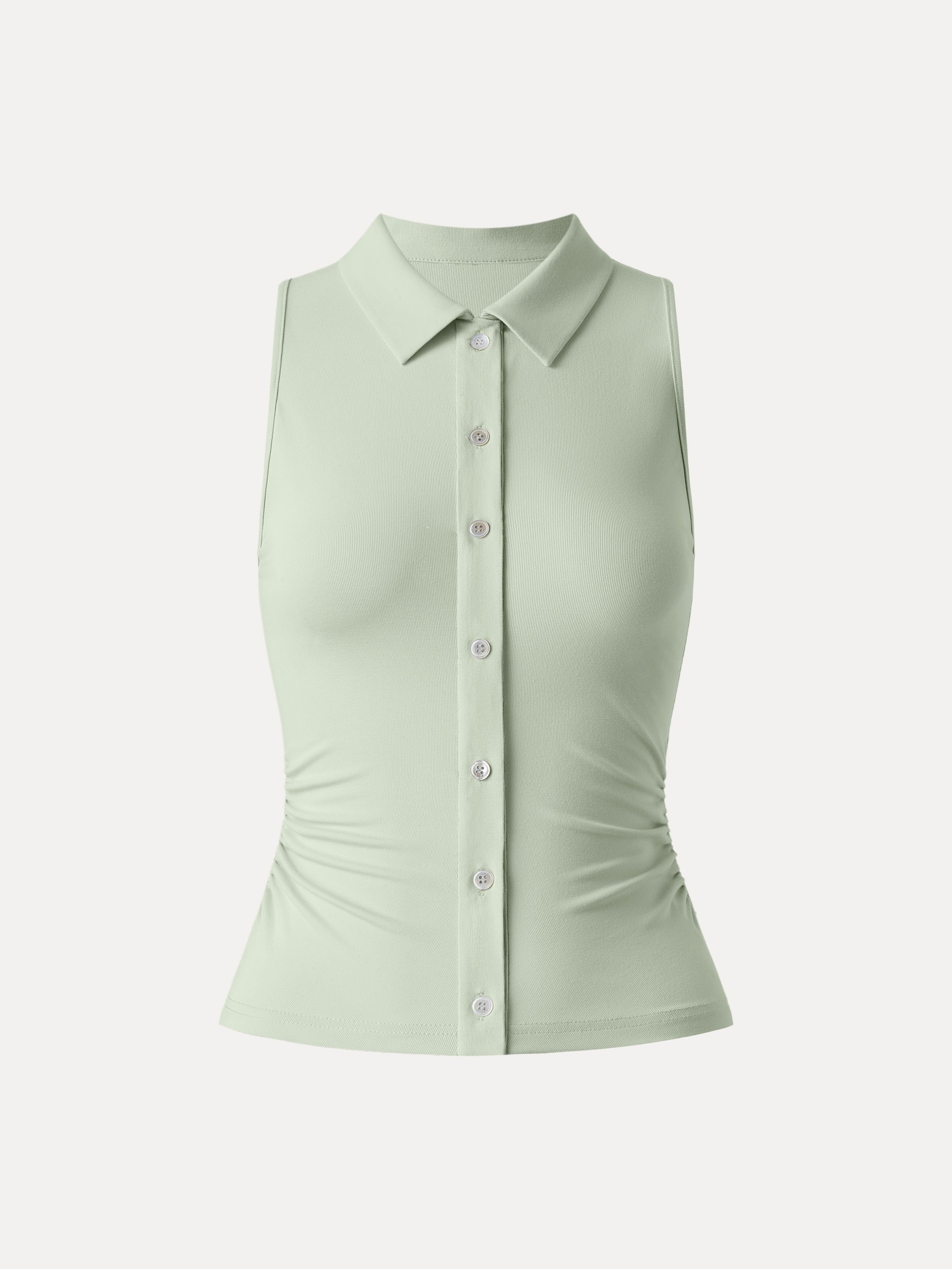 Collared Faux Button Placket Side Ruched Vest Top