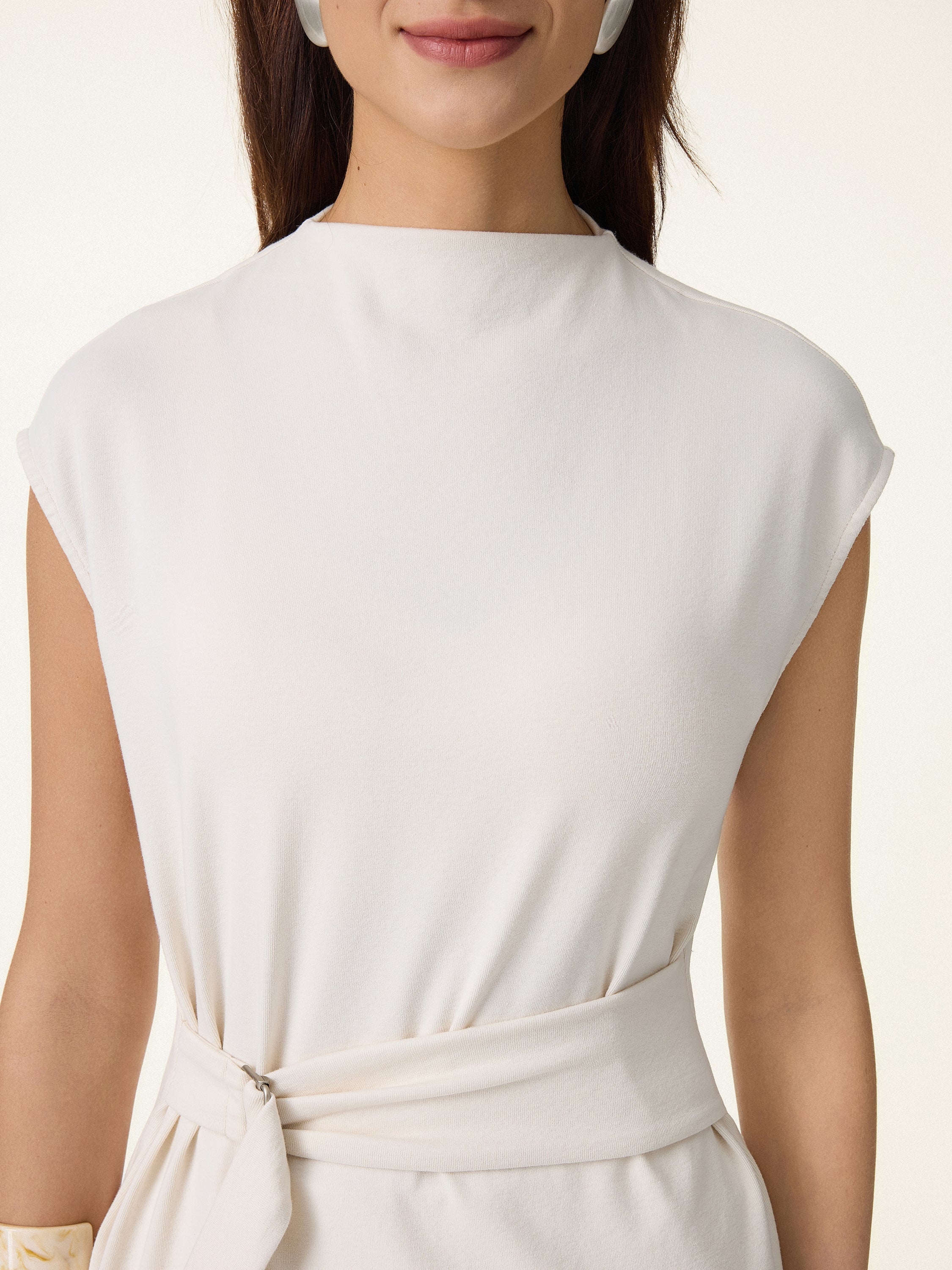 Cotton Lyocell Waist-Defined Cap Sleeve Top