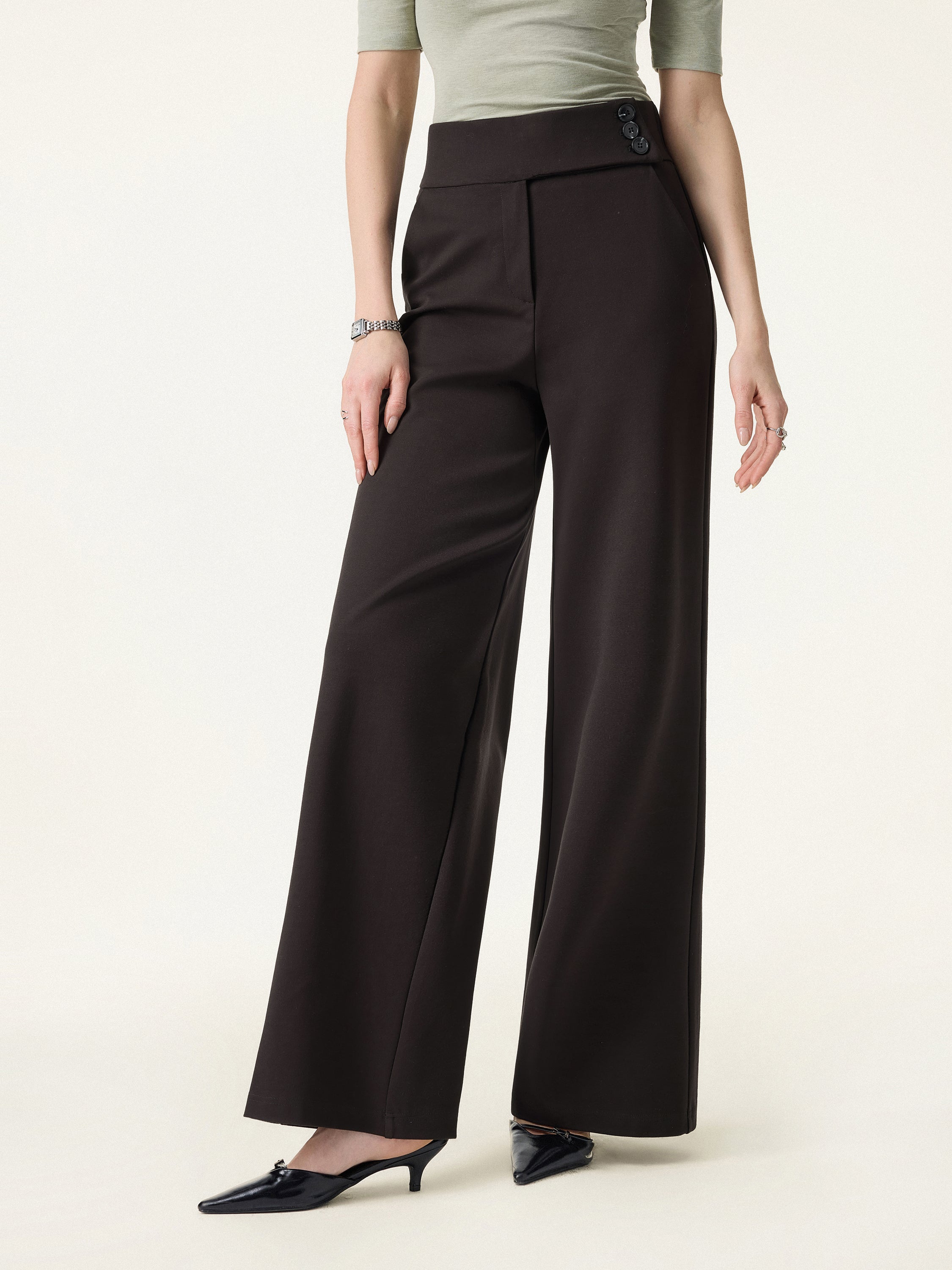 Stretchy High Rise Wide Leg Pants with Pockets