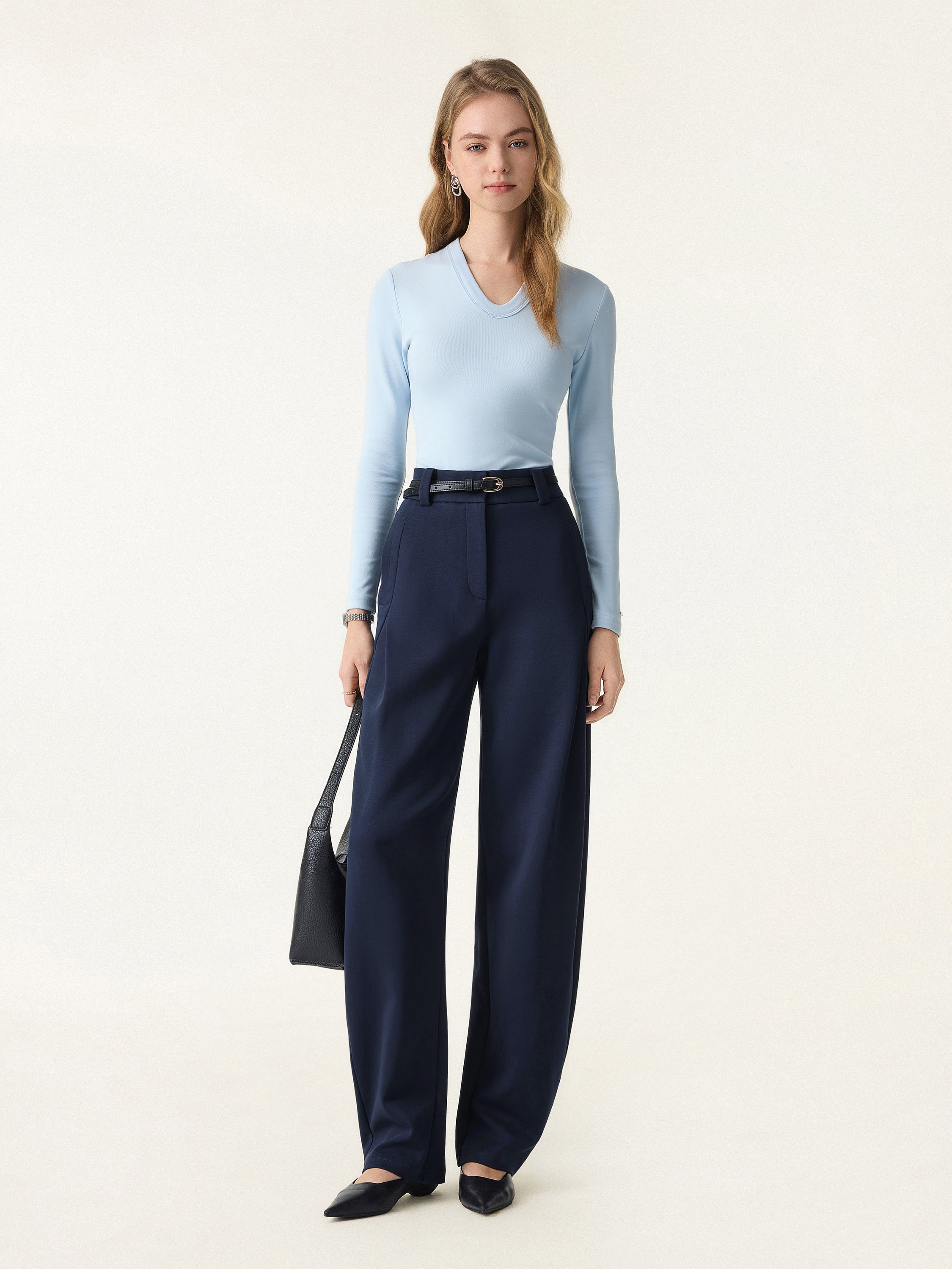 Spring Stretch Cotton High Rise Barrel Leg Pants with Pockets
