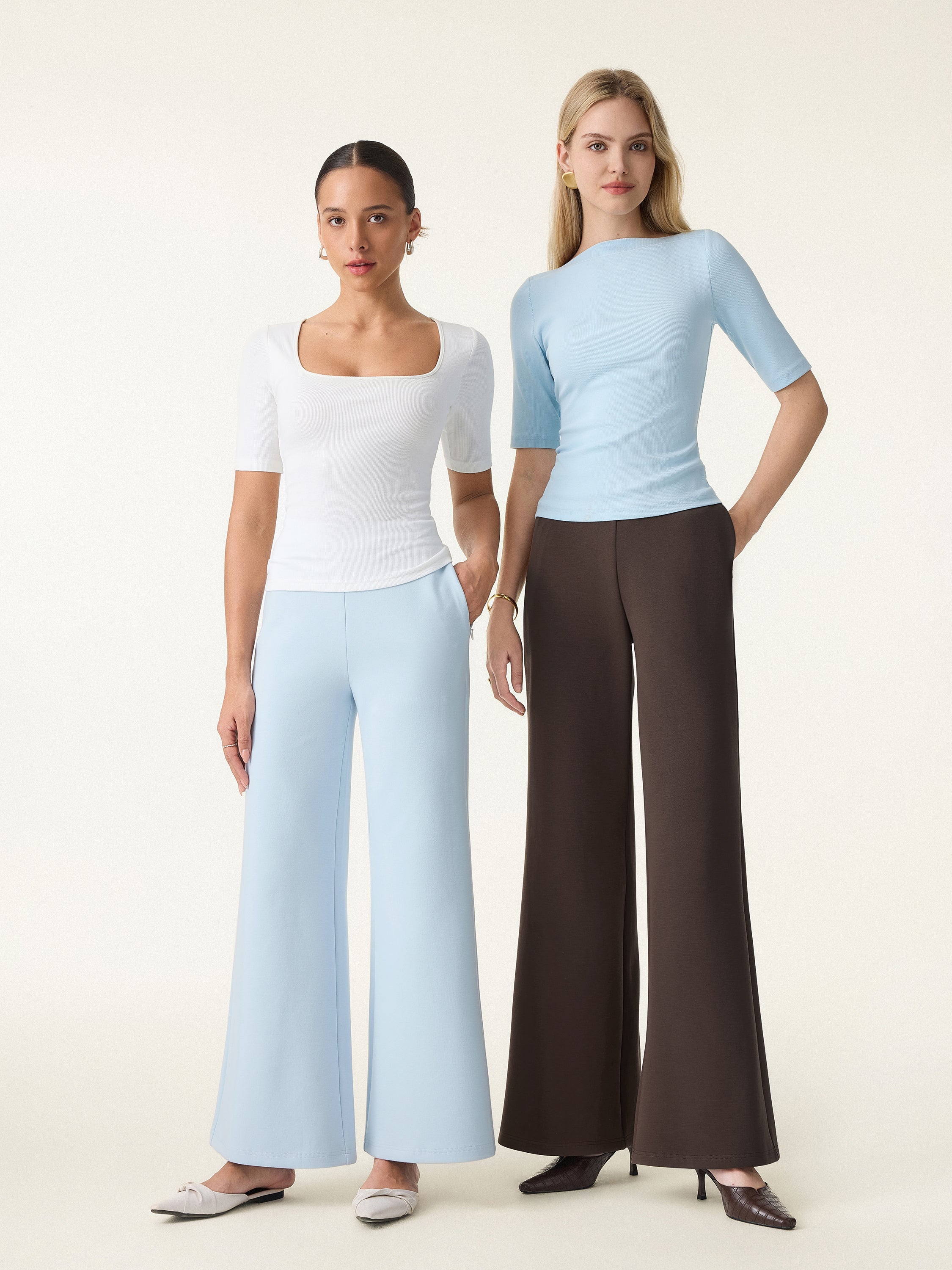 Petite Stretch Cotton Blend High Rise Flared Pull-on Pants