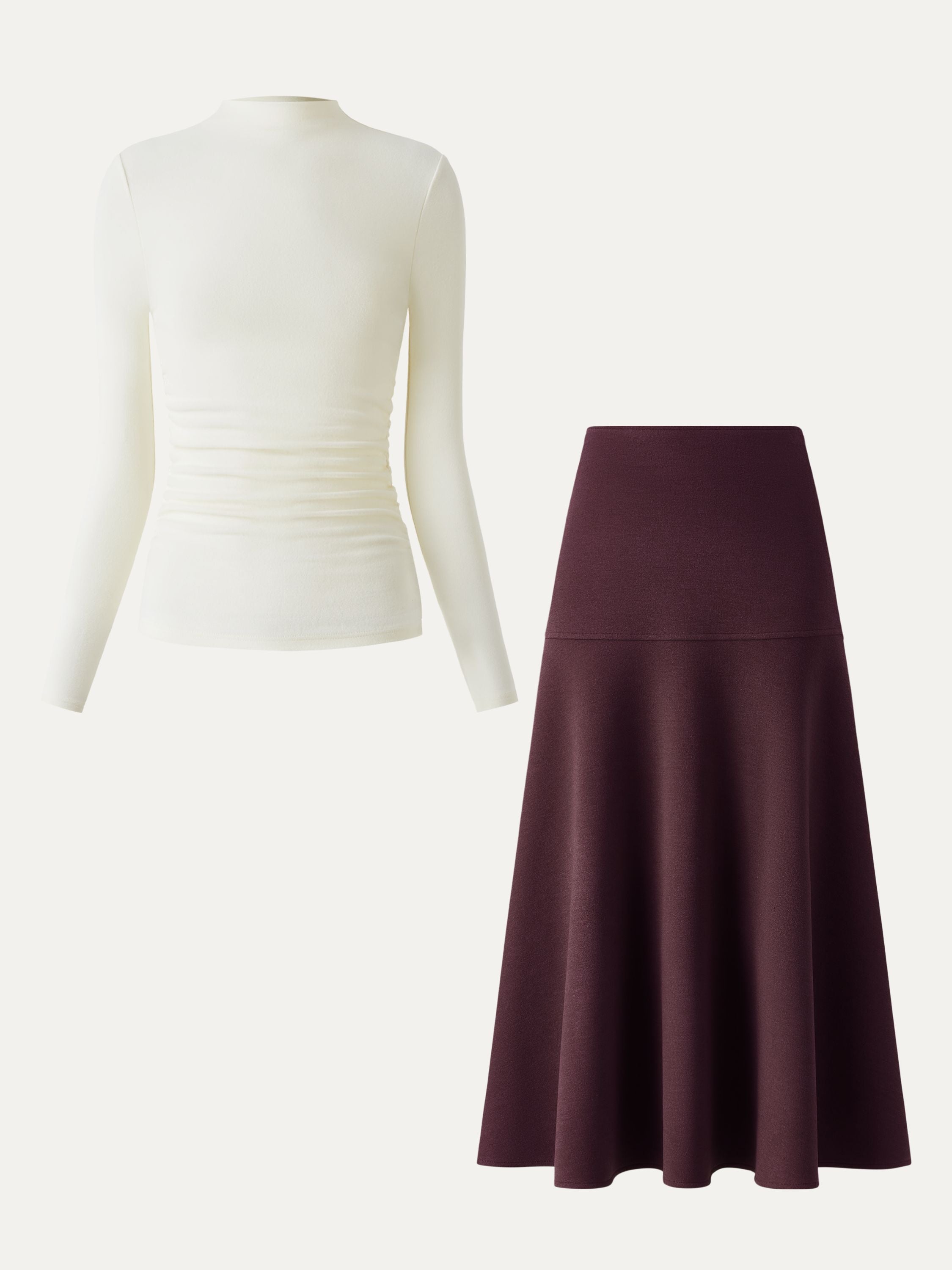 2Pcs Set Ruched Sides Tuckable Mockneck Top & Flared Maxi Skirt