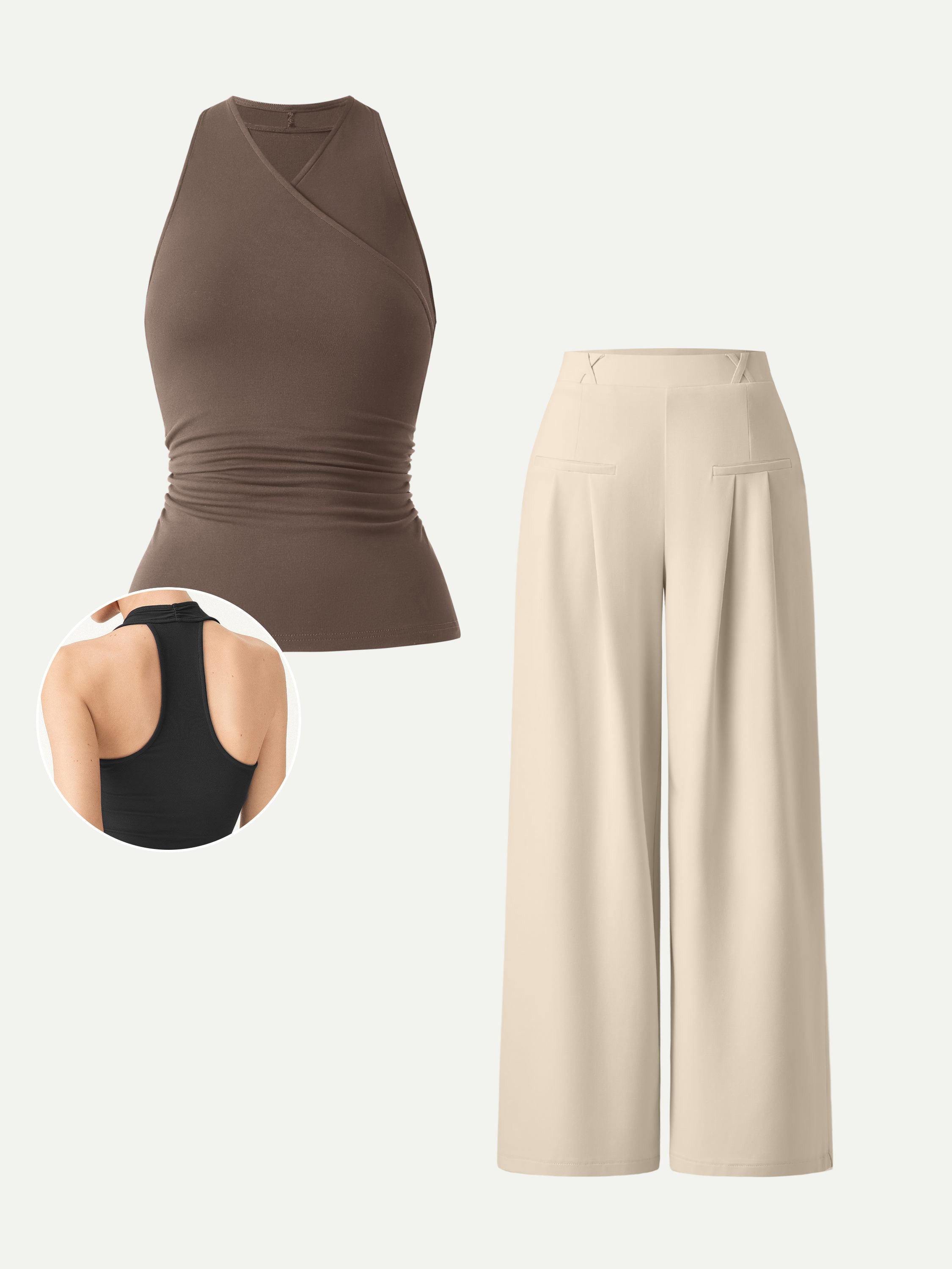 2Pcs Set Surplice Sleeveless Top & Mid Rise Wide Leg Trouser