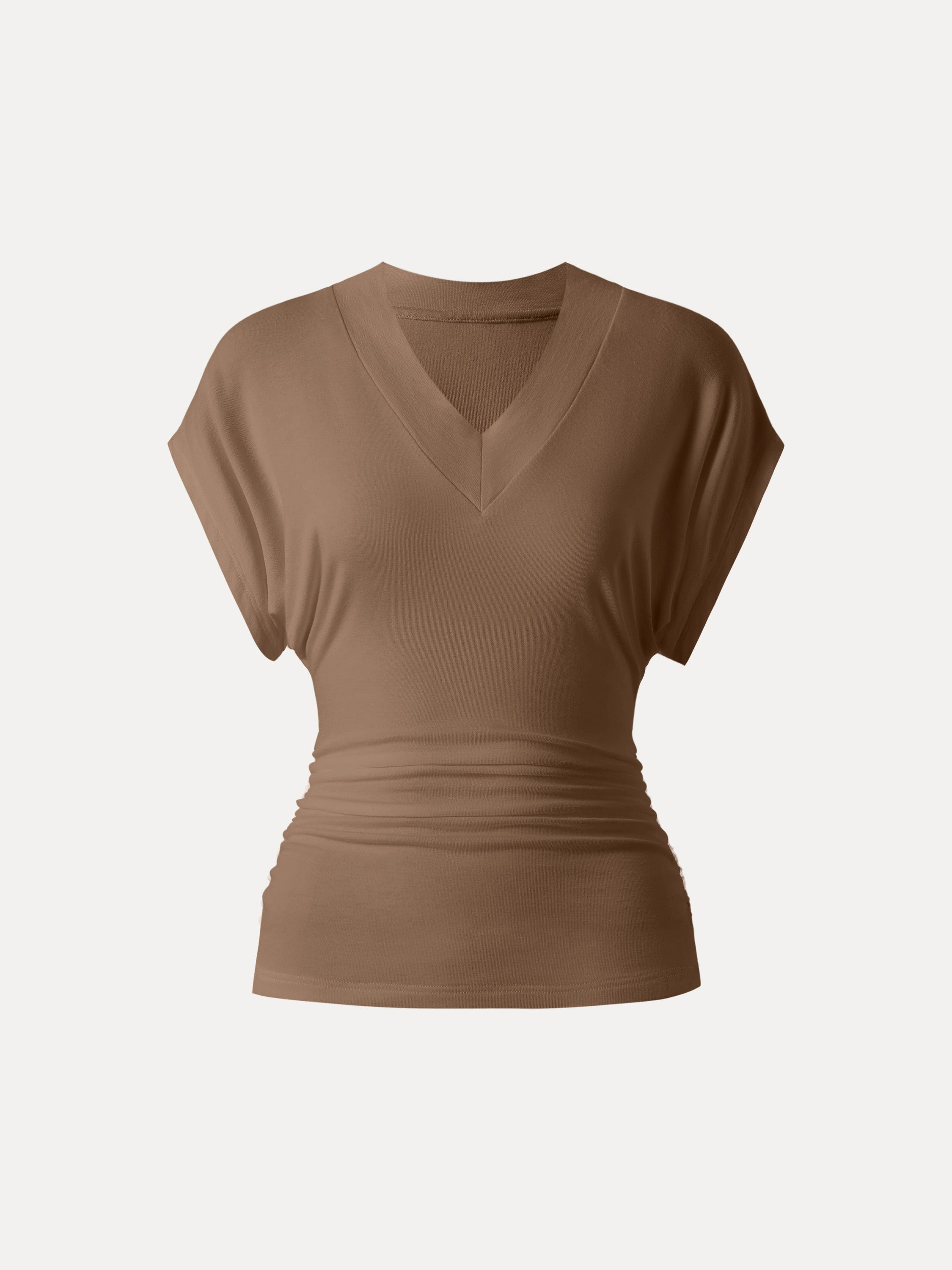 Semi-sheer Lyocell Cashmere Blend V-neck Short Sleeve Side Ruched Tee