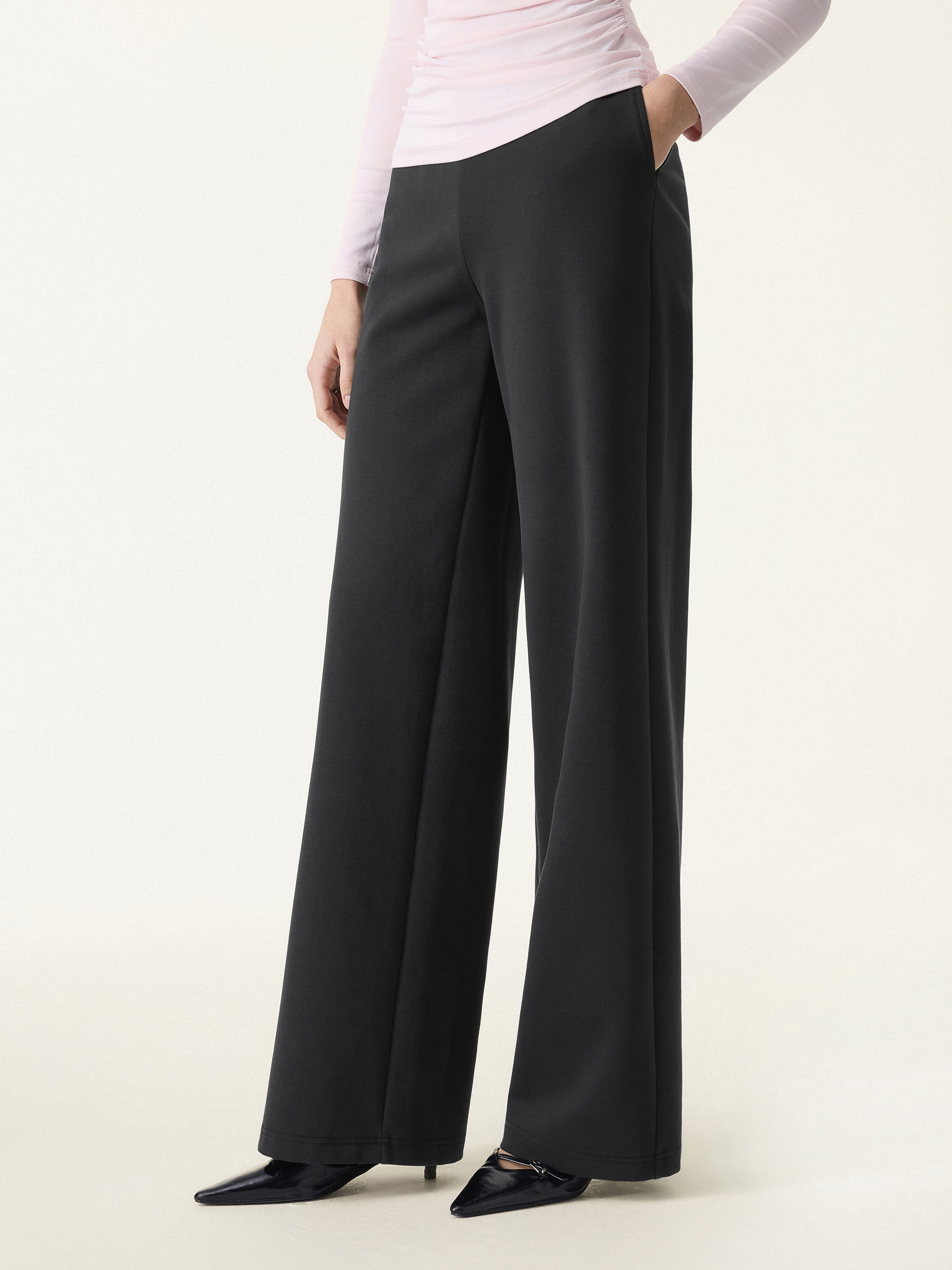 Stretch Cotton Blend Mid Rise Straight Leg Pants with Pockets