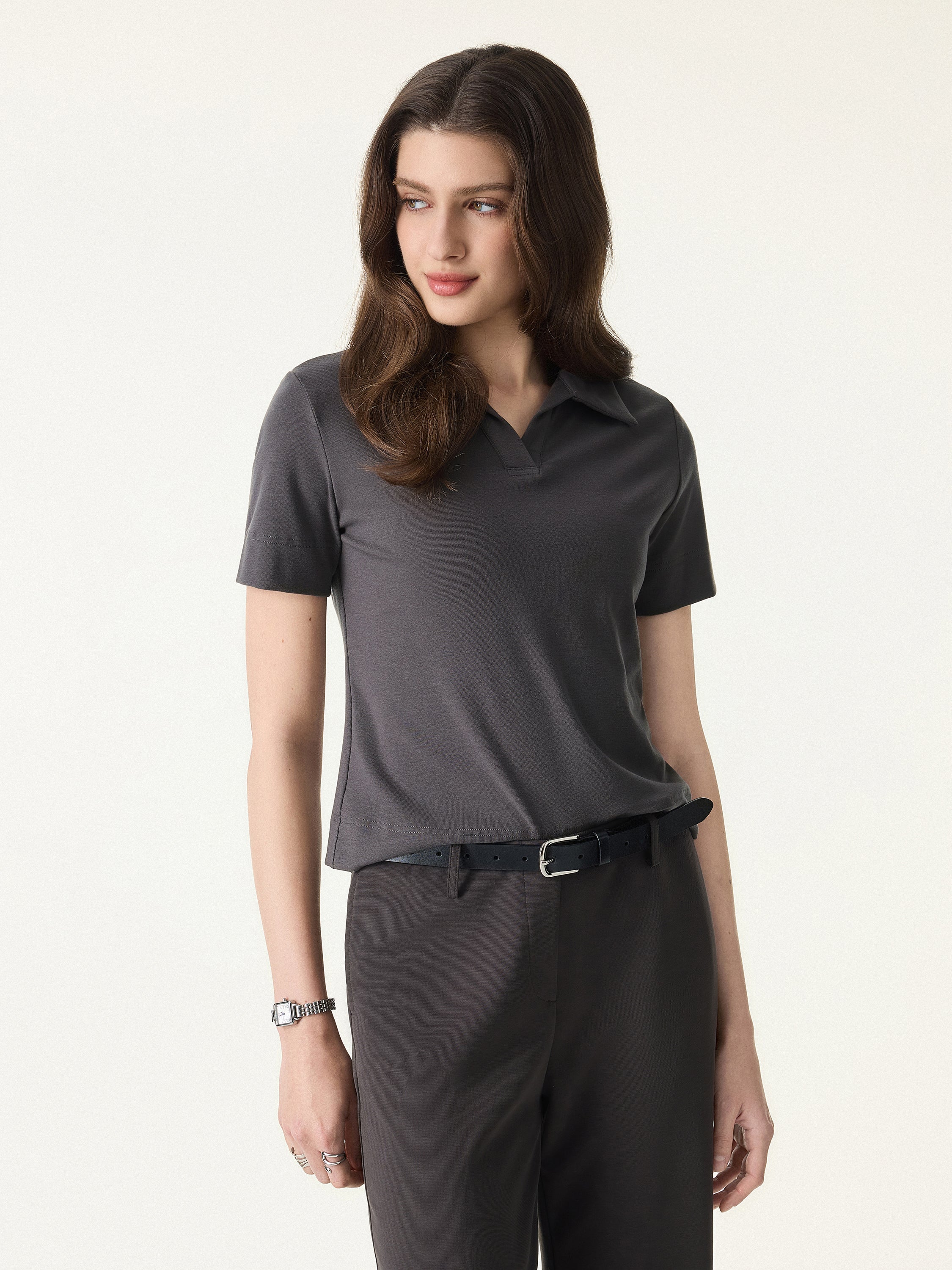 Soft Lyocell Wool Polo Neck Short Sleeve Top