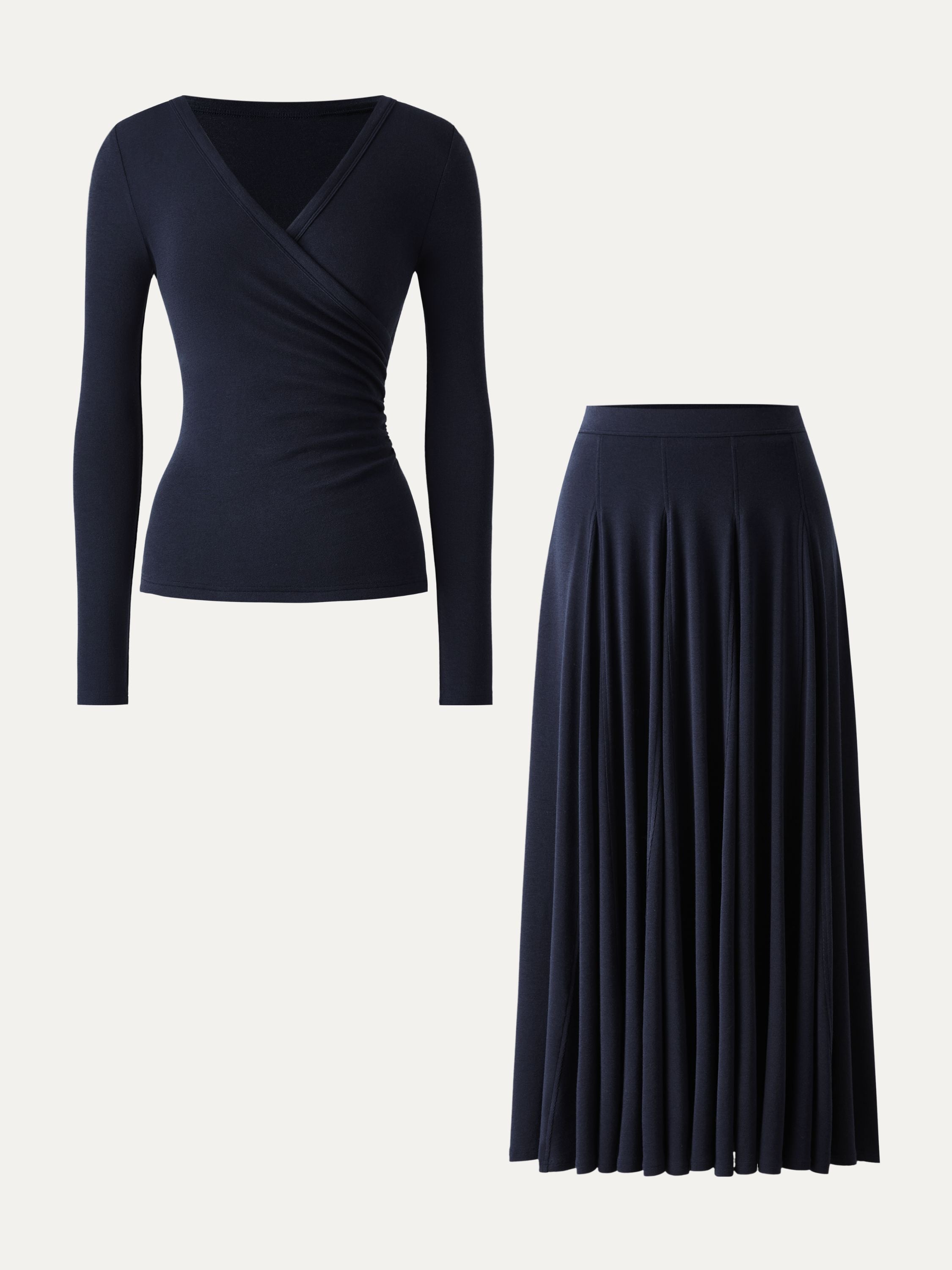 2Pcs Set Surplice Ruched Long Sleeve & Godet Hem Pull-on Maxi Skirt