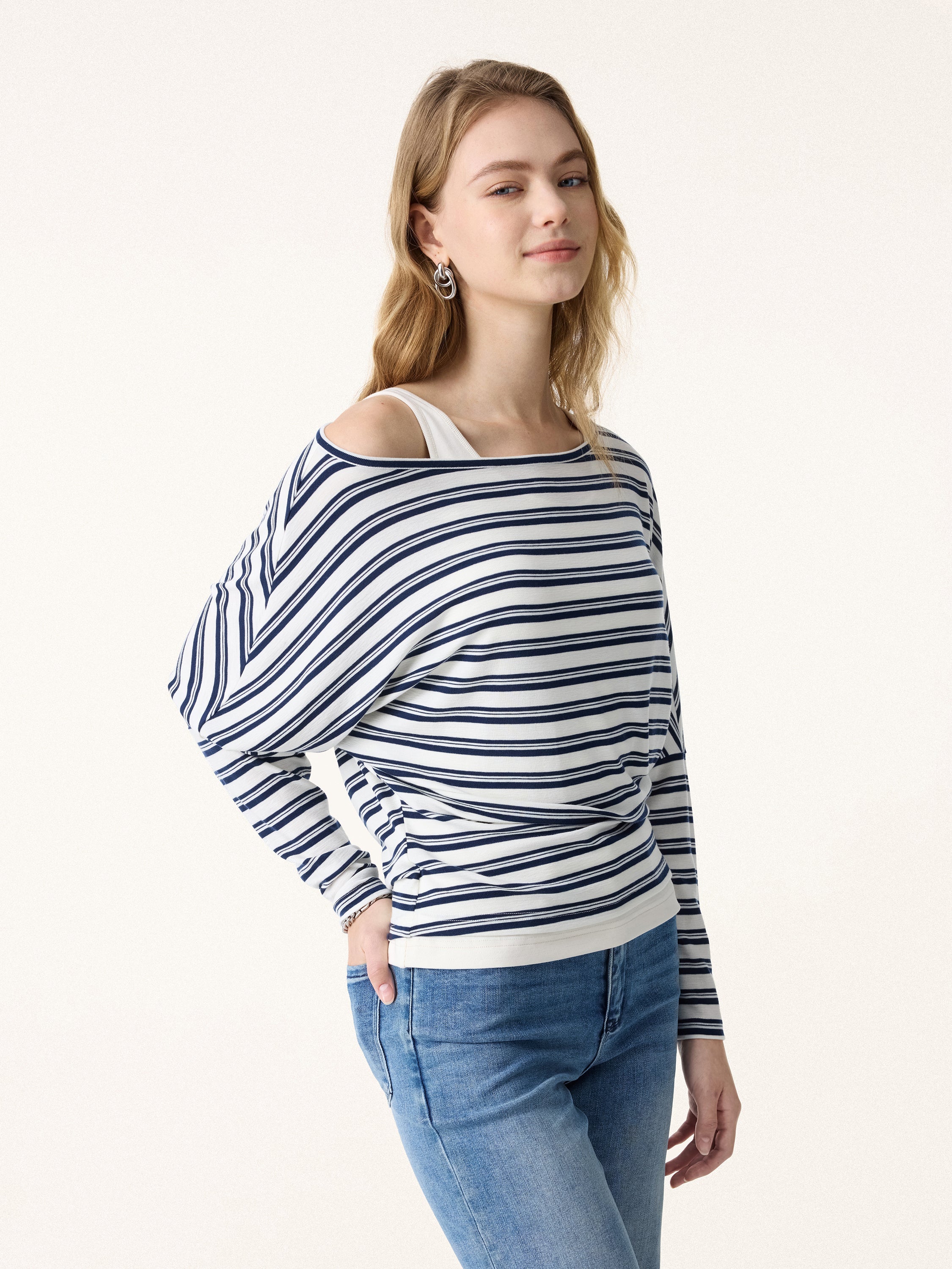 Lyocell Wool Striped Boatneck Batwing Sleeves Top