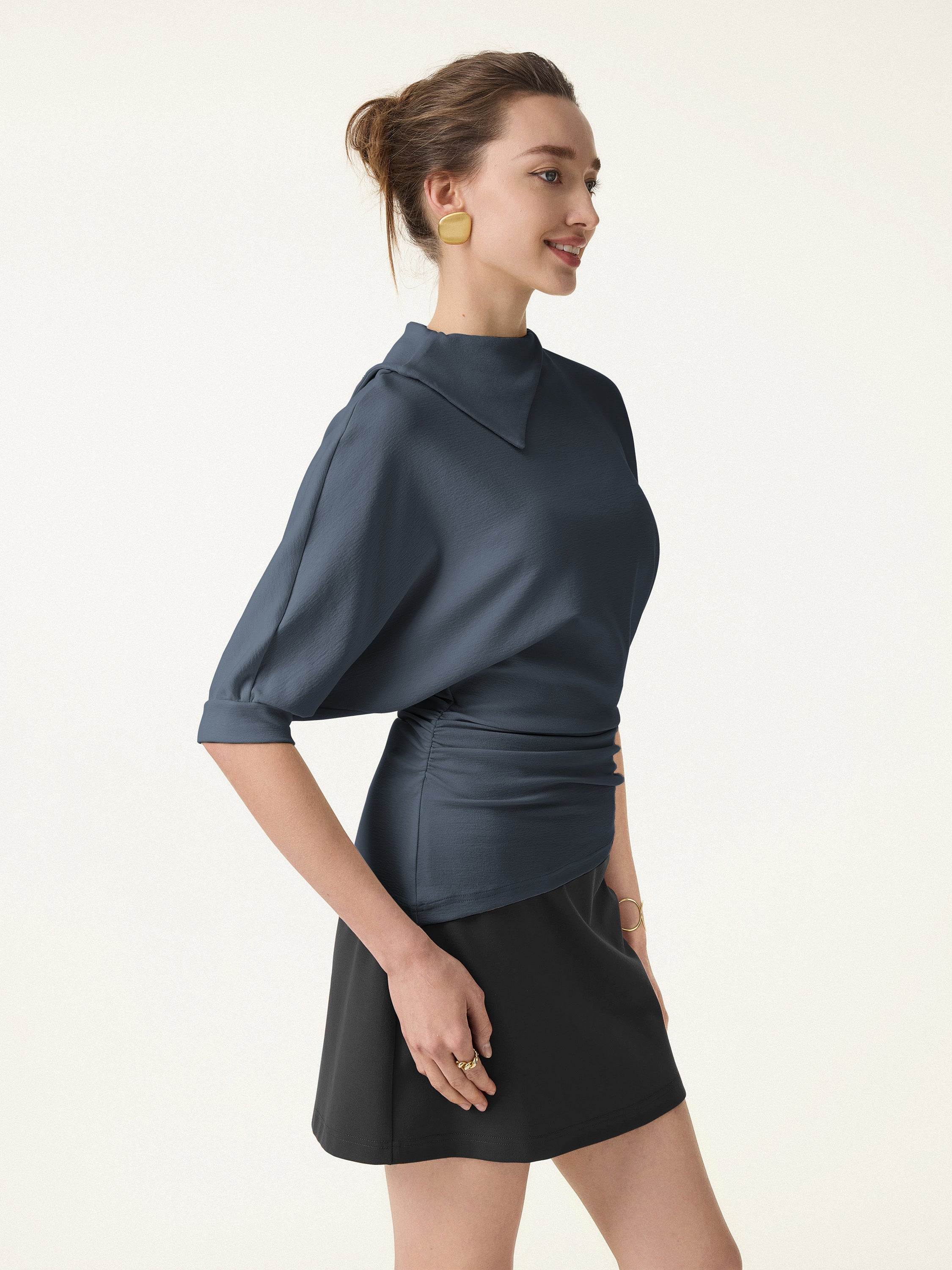 Cotton Lyocell Elbow Sleeve Ruched Tee
