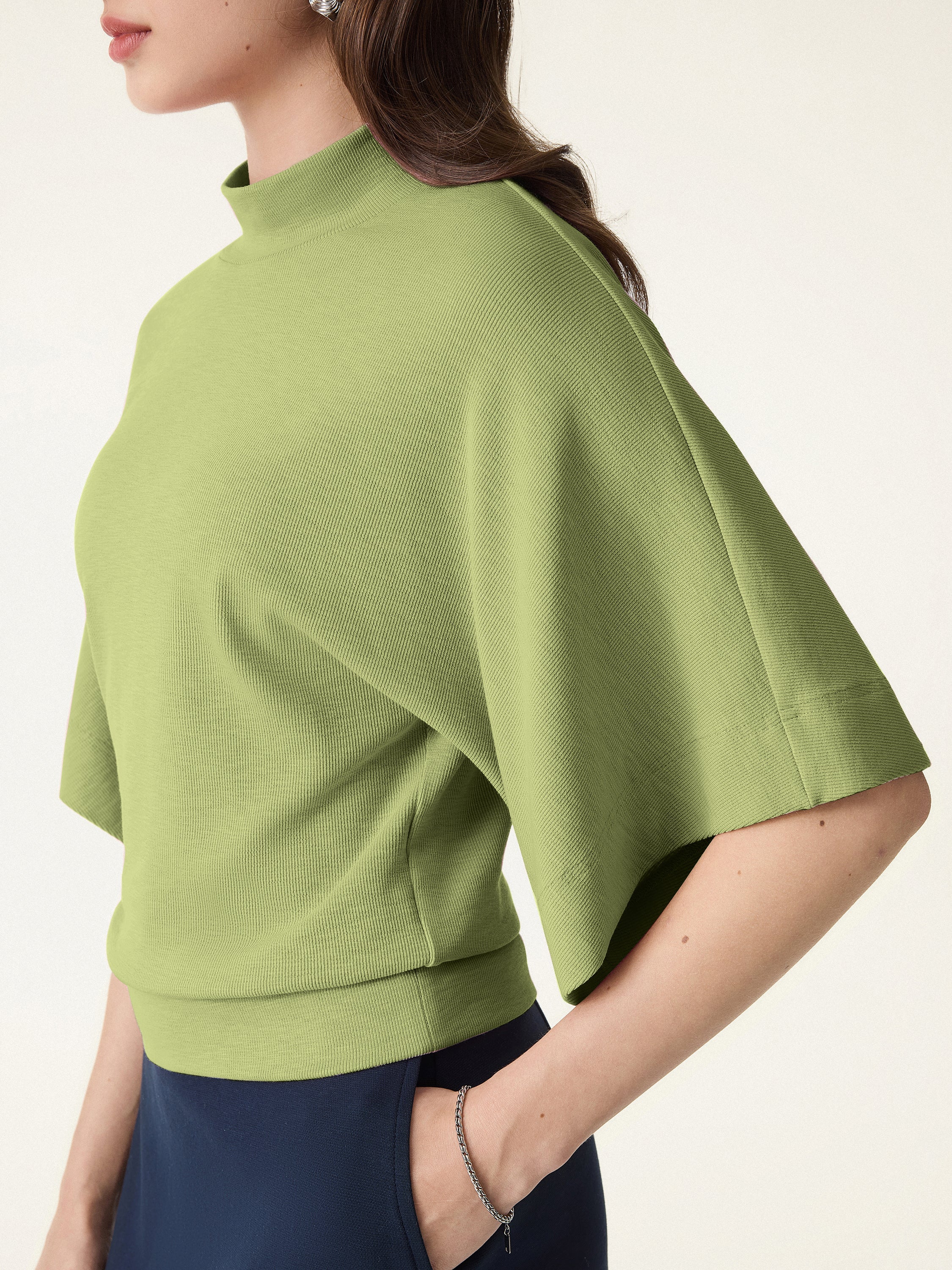 Plantive Mockneck Batwing Short Sleeve Top
