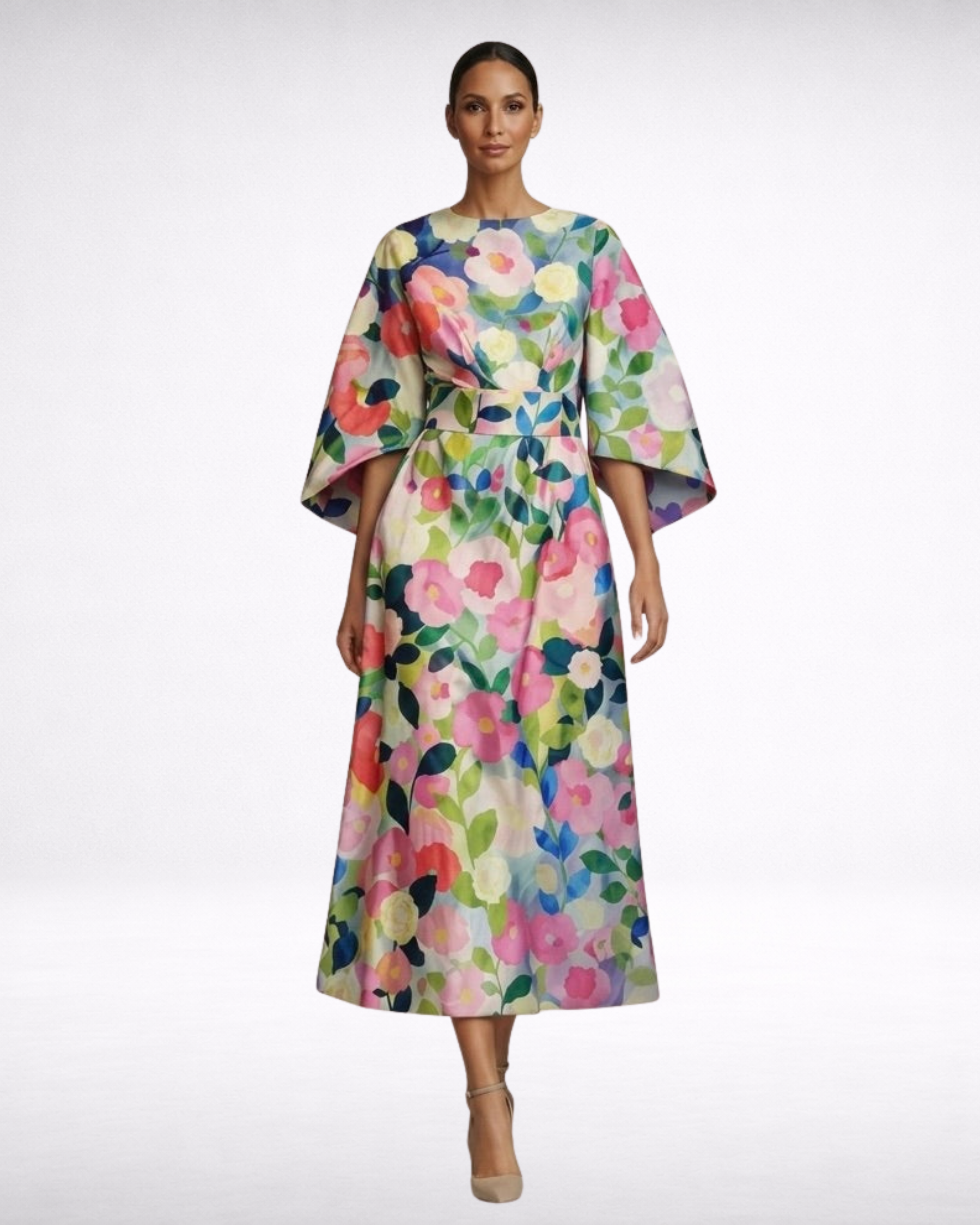 CLEMENTINE | Floral Midi with Sculpted Waist and Airy Elegance