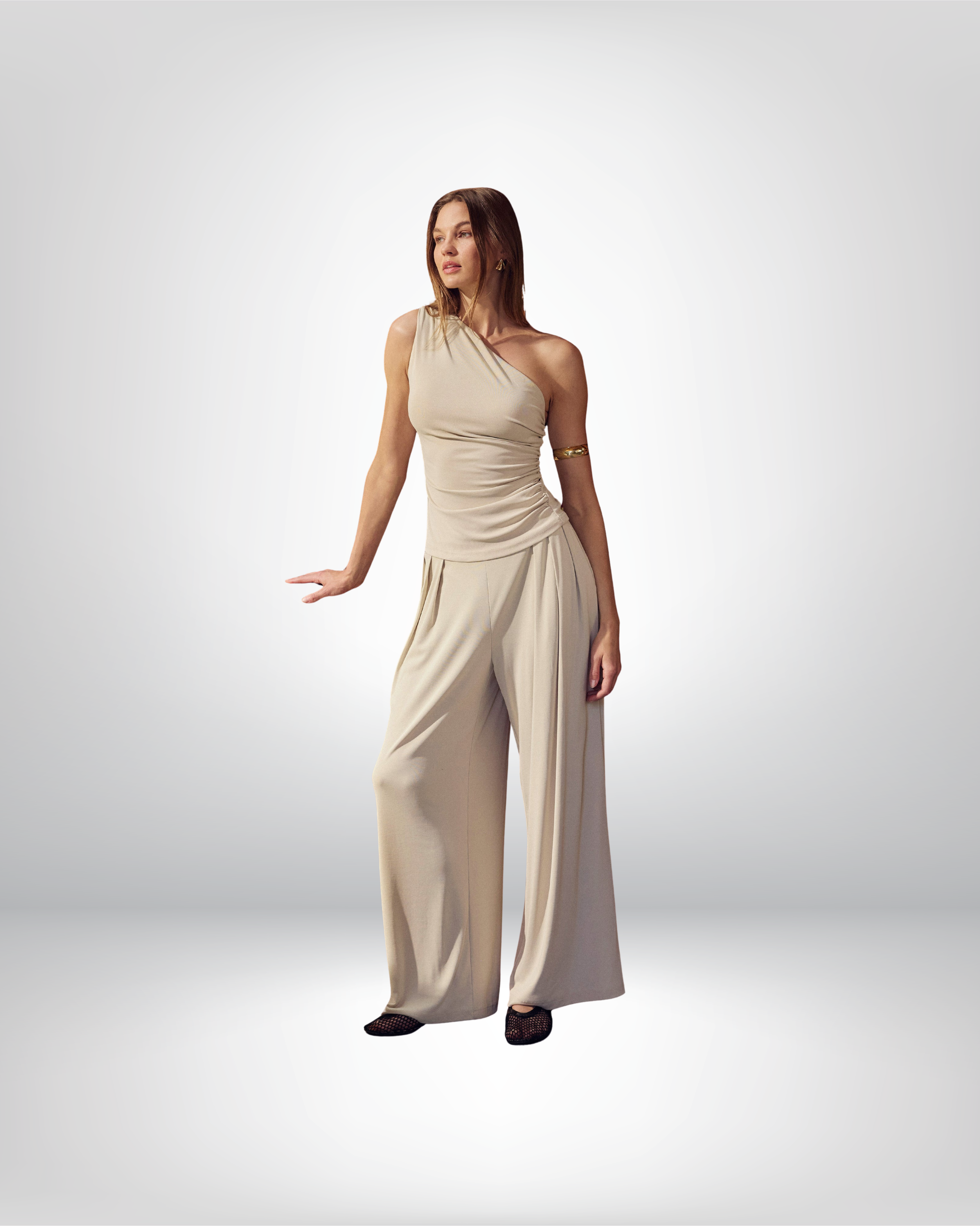 2Pcs Set Sandwashed Ruched Brami & Mid Rise Wide Leg Palazzo Pants with Pockets