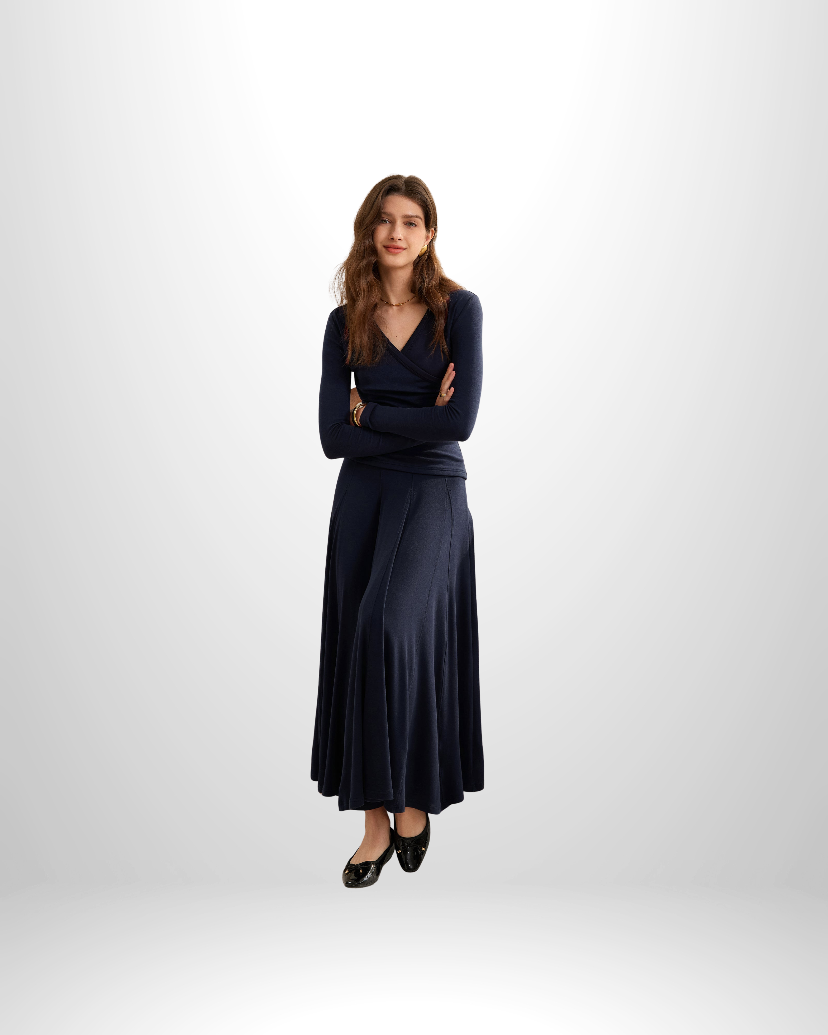 2Pcs Set Surplice Ruched Long Sleeve & Godet Hem Pull-on Maxi Skirt