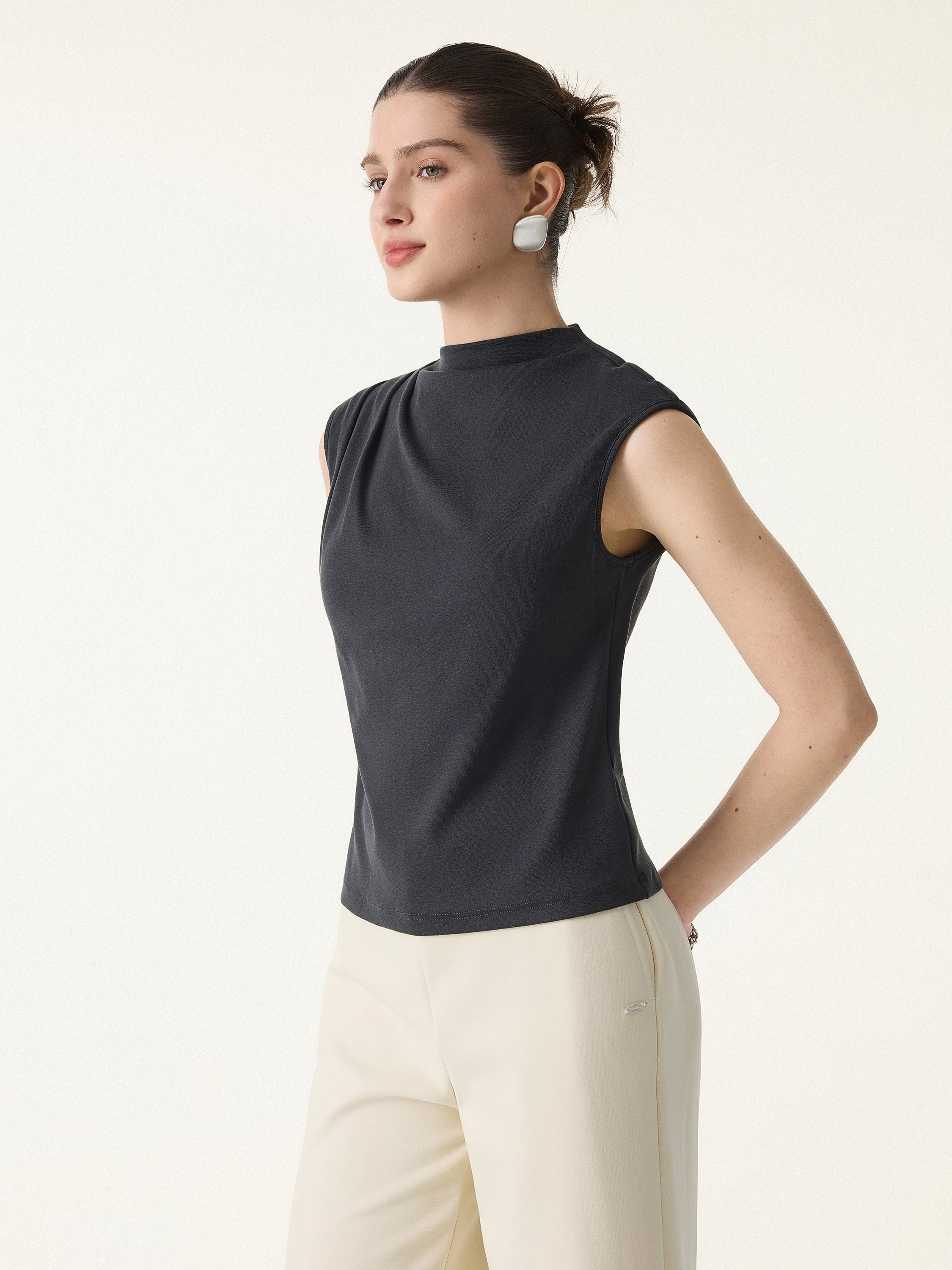 Cotton Lyocell Mockneck Tucked Sleeveless Brami