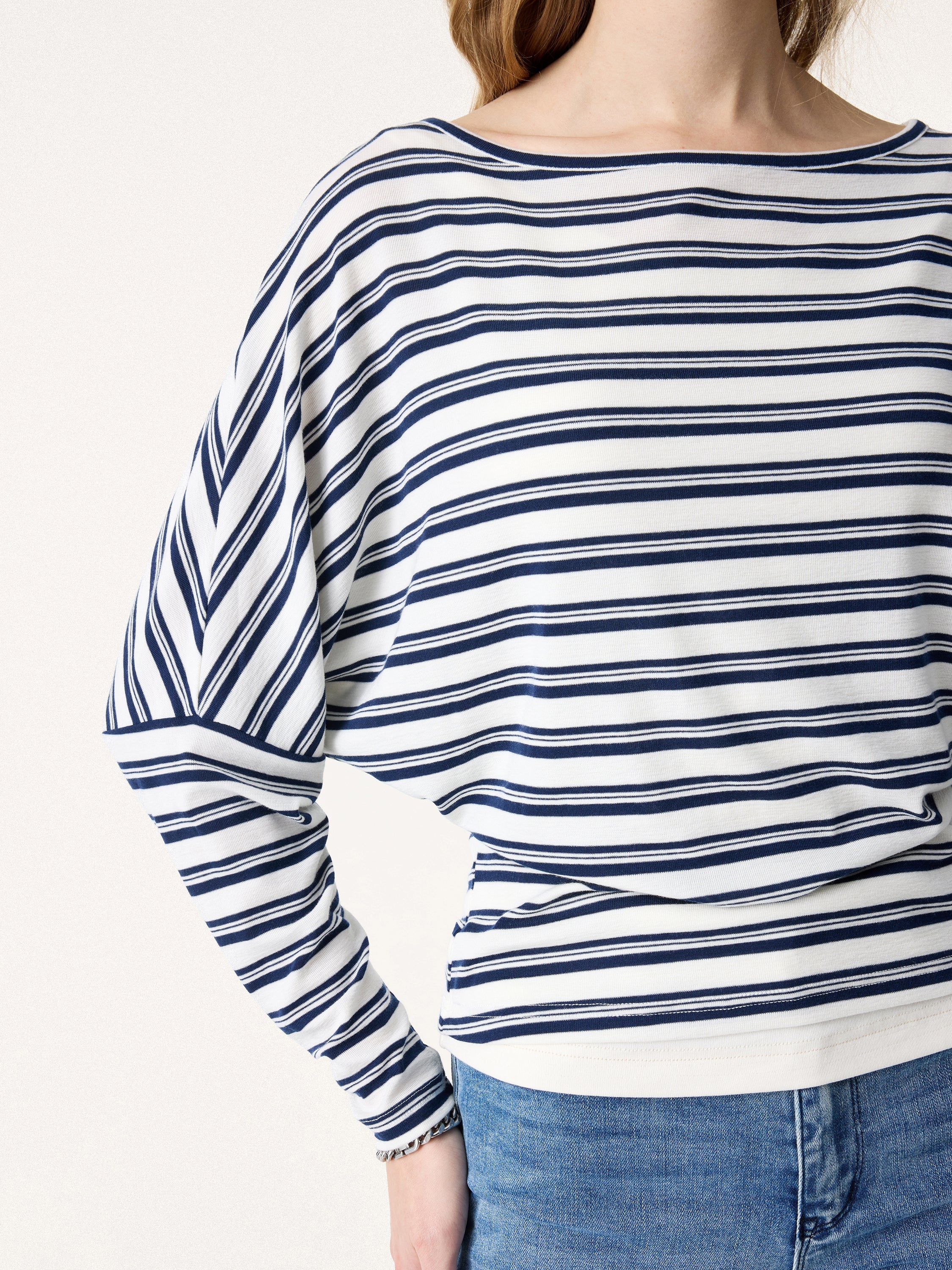 Lyocell Wool Striped Boatneck Batwing Sleeves Top