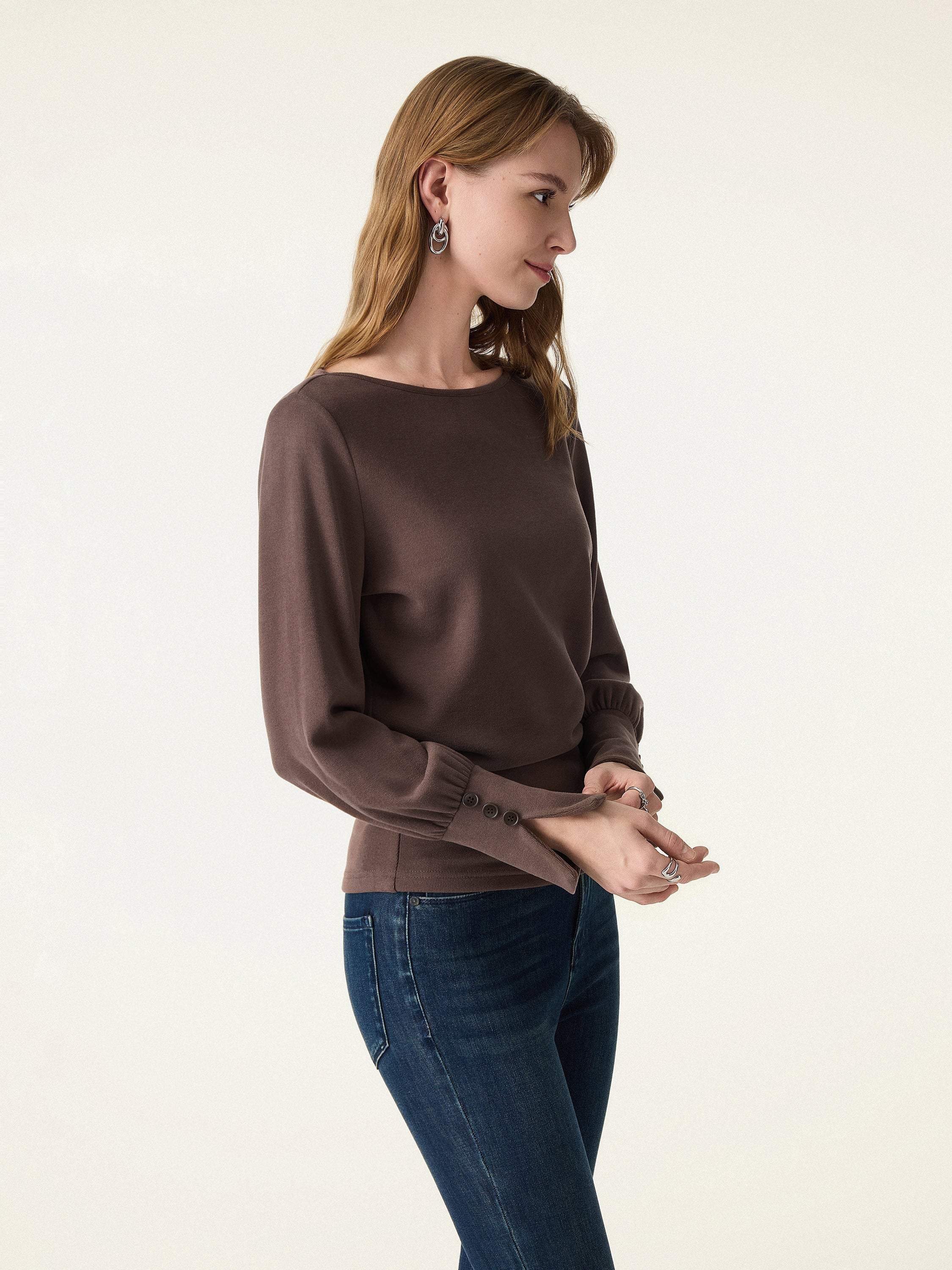 Cozy Warm Boatneck Buttoned Sleeve Top