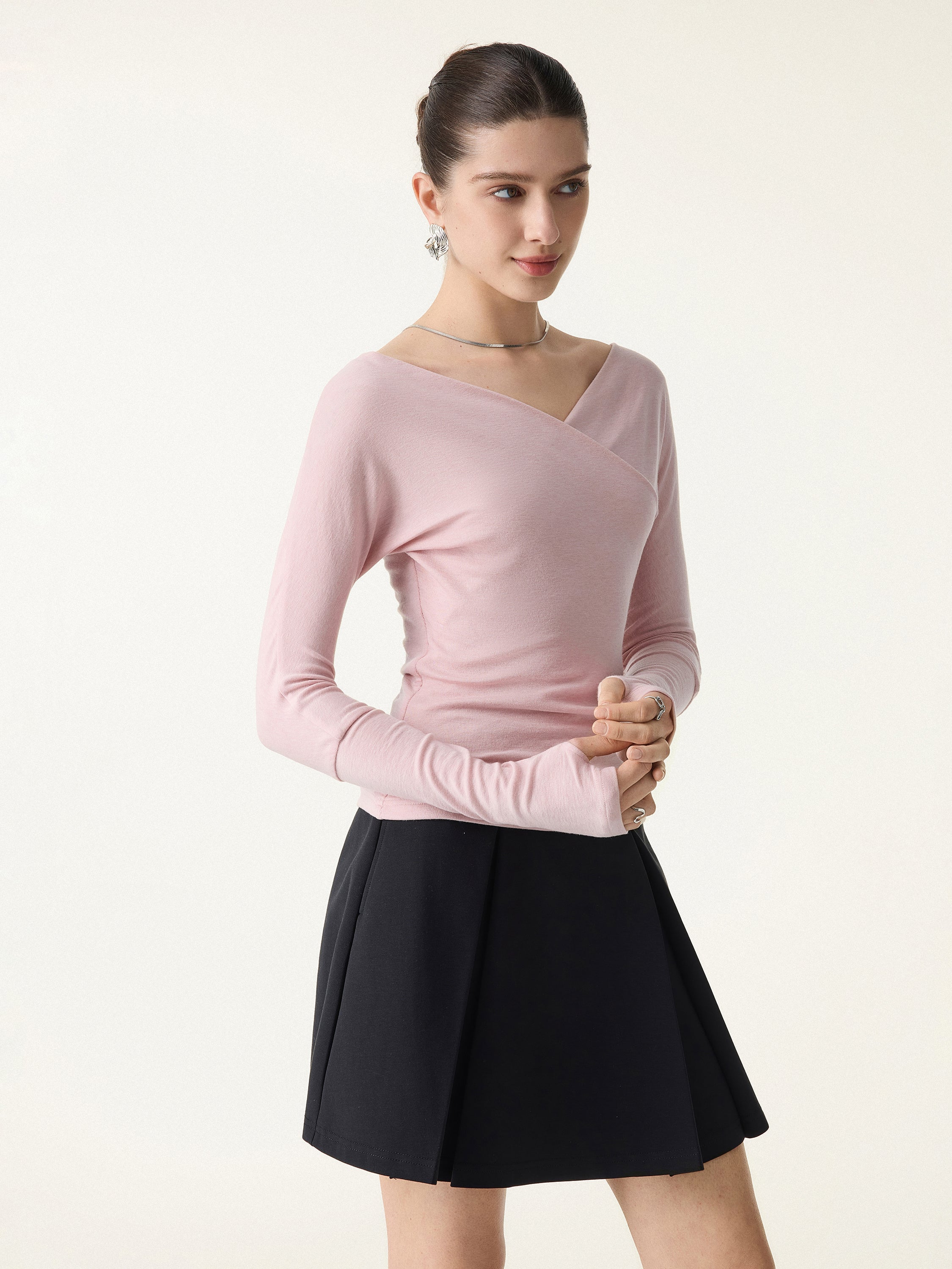 Lyocell Wool Surplice Long Sleeve Top with Thumbholes