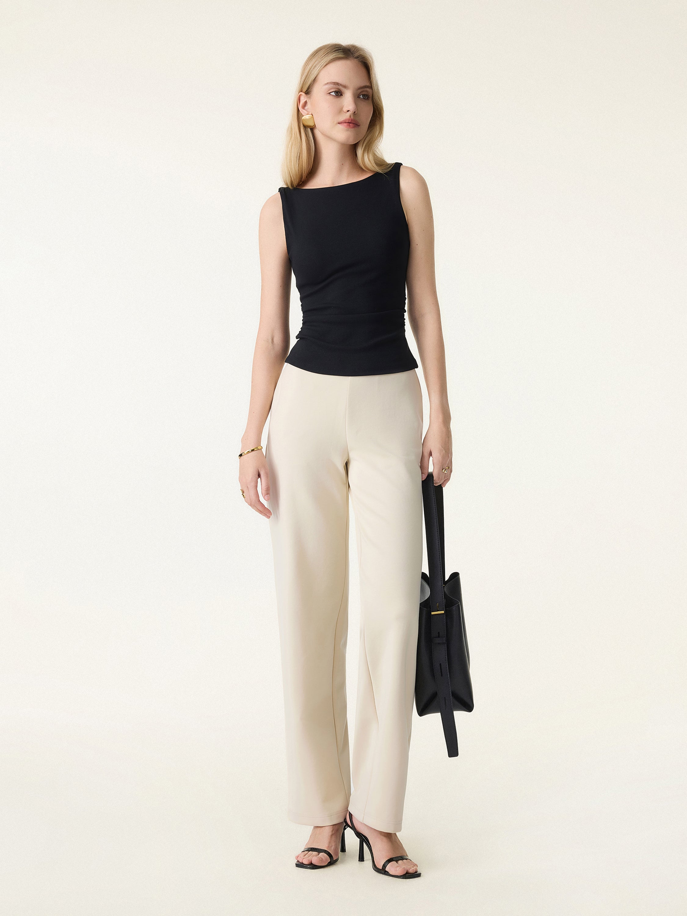 Stretch Cotton Blend Slim Straight Pull-on Pants with Pockets