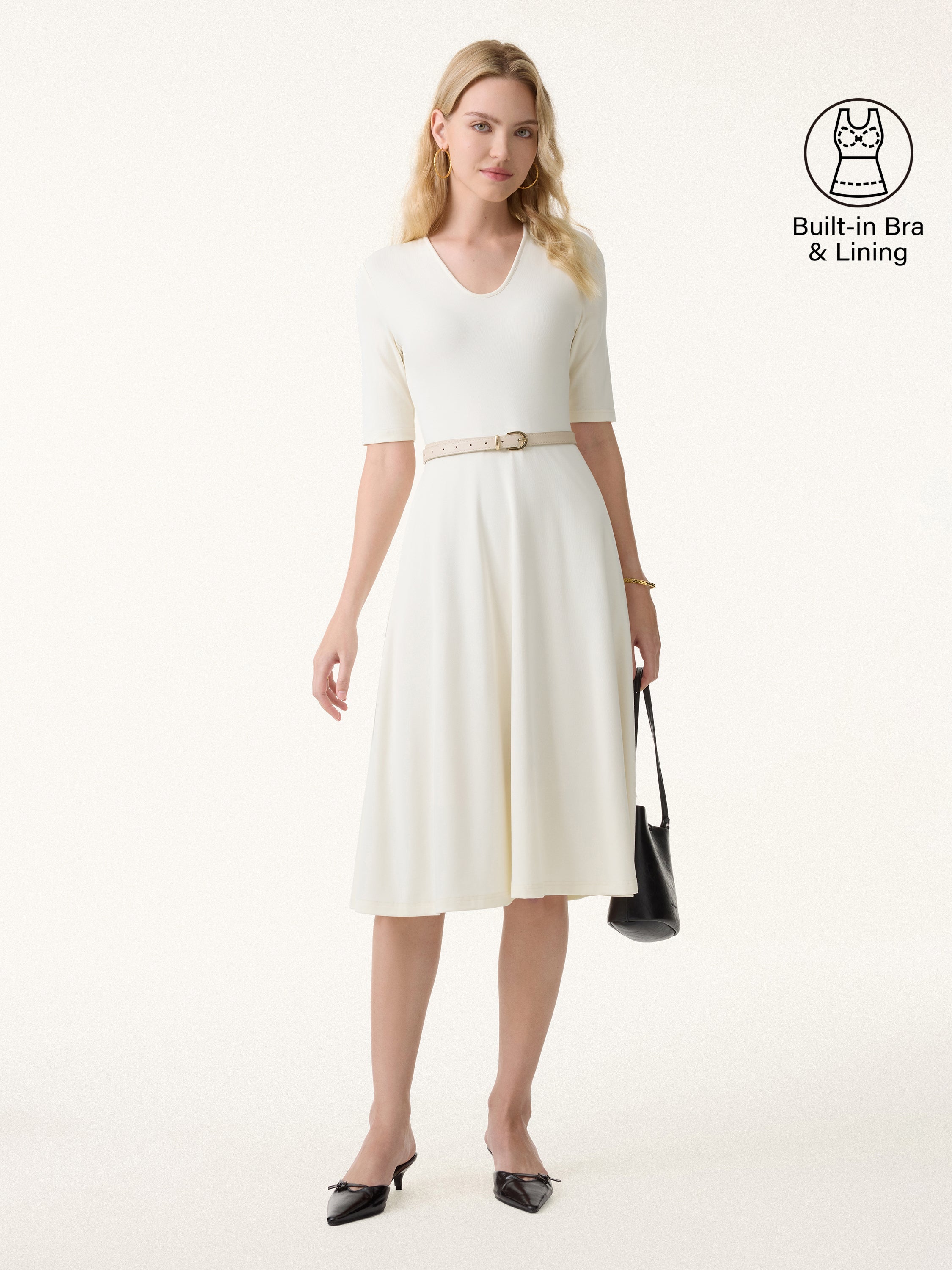V-Neck Elbow Sleeve Midi Brami Dress with Pockets