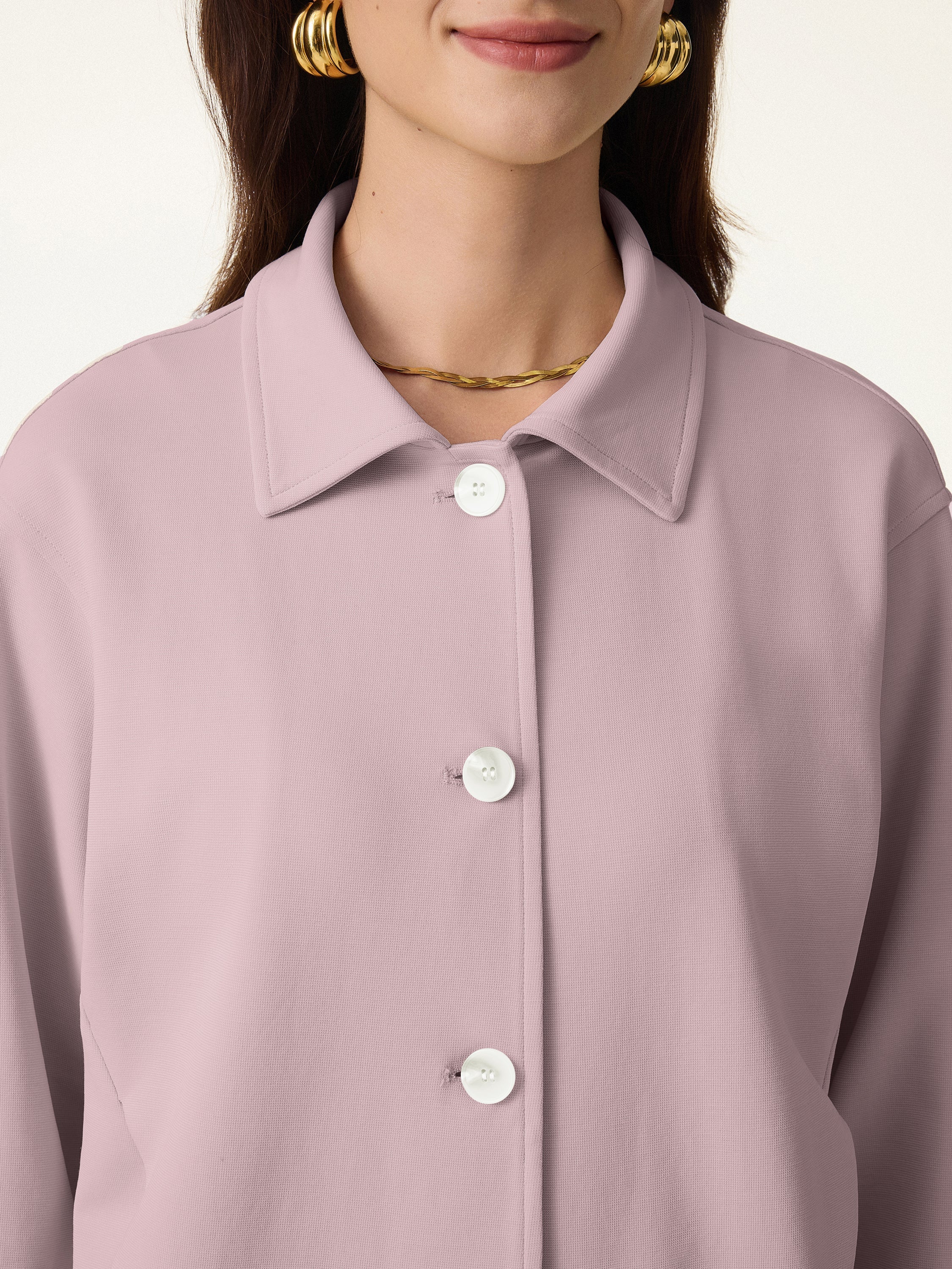 2Pcs Set Collared Button-Front Jacket & Straight Pull-on Pants with Pockets