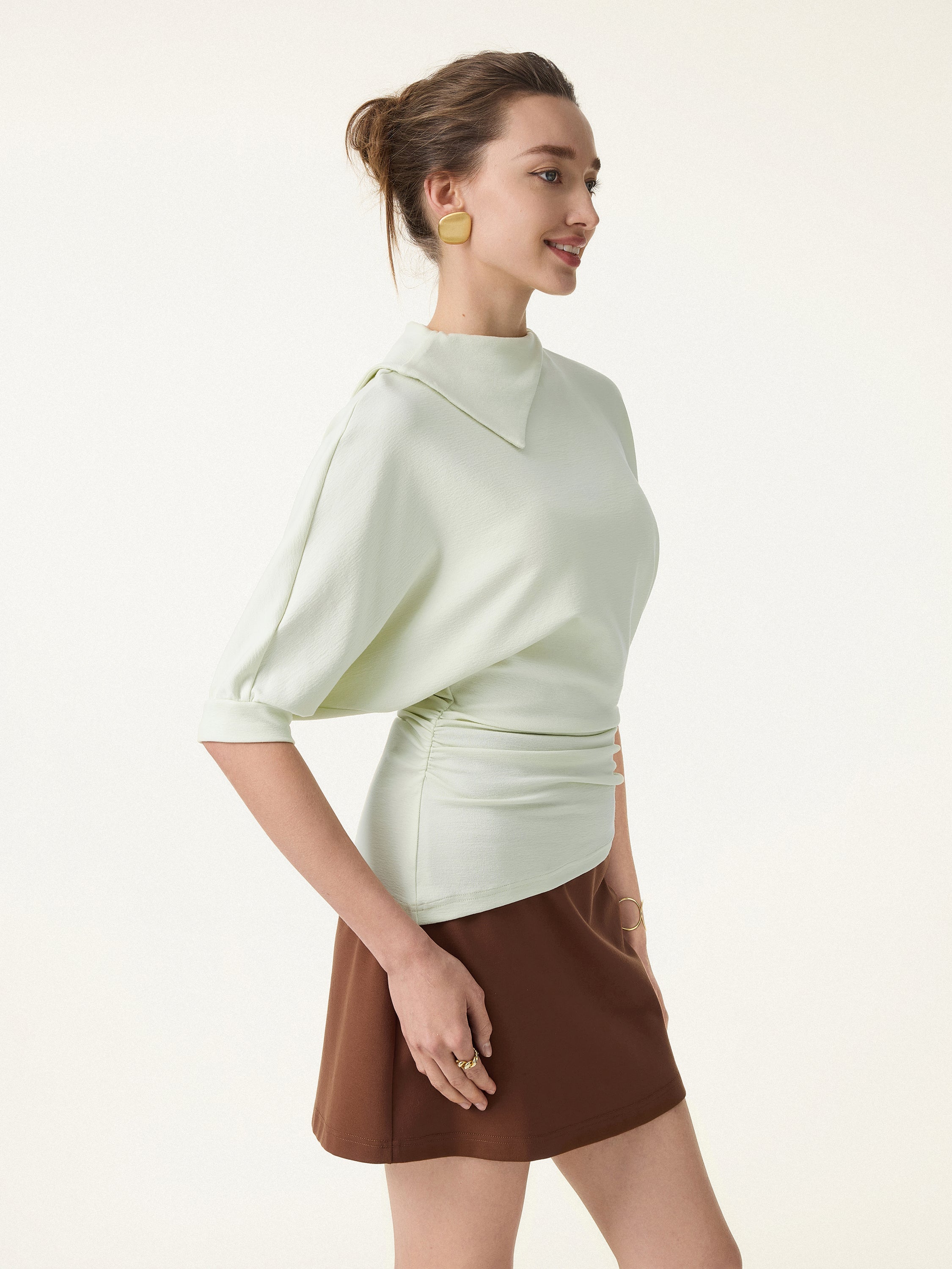 Cotton Lyocell Elbow Sleeve Ruched Tee
