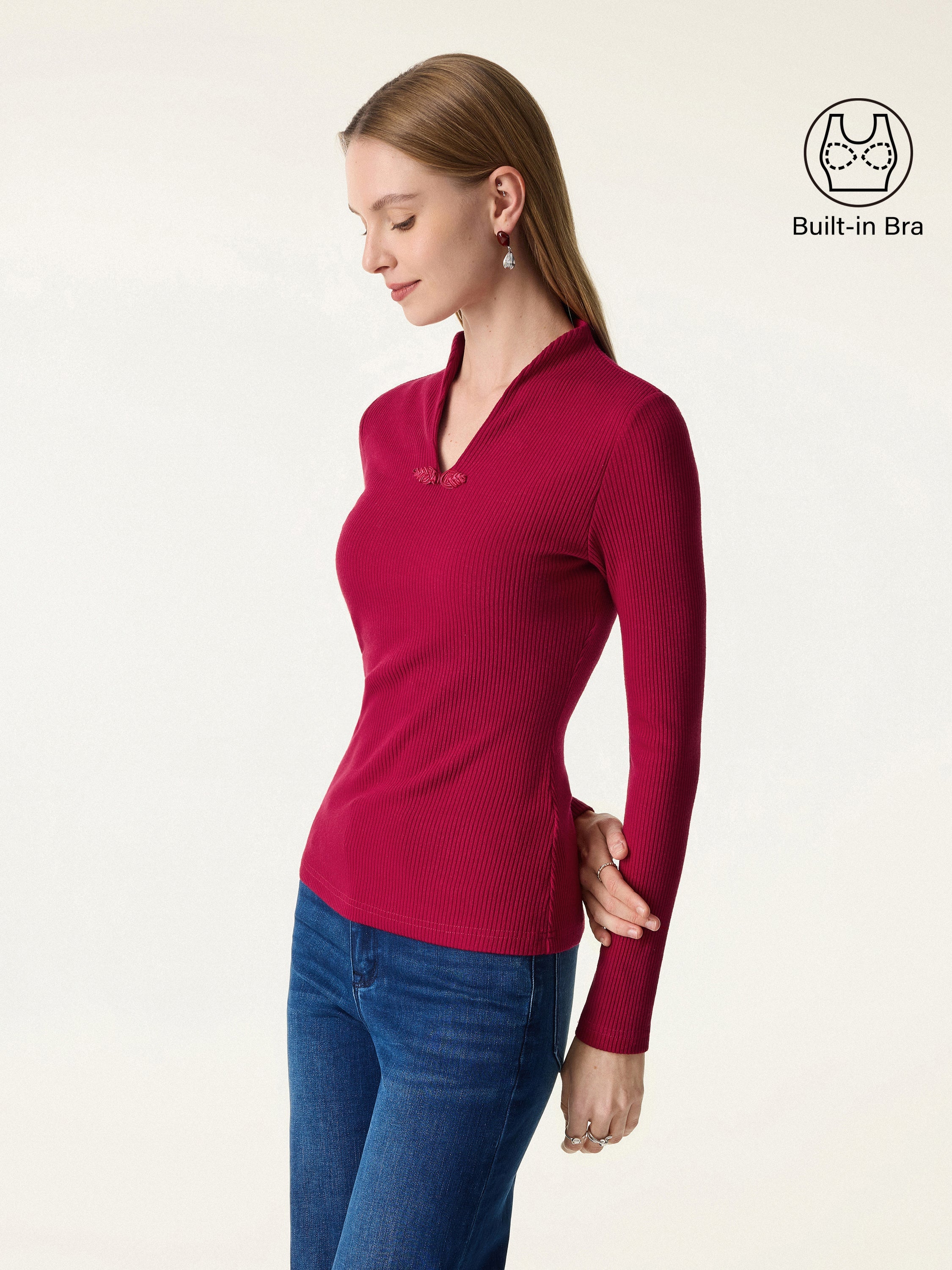 Ribbed Stand V-neck Frog Button Long Sleeve Brami Limited Edition