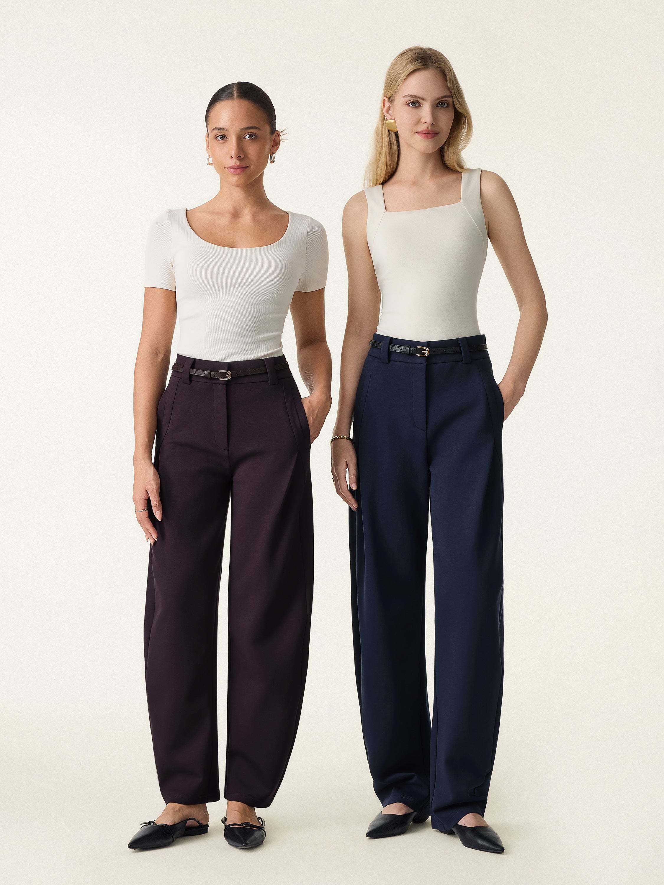Spring Stretch Cotton High Rise Barrel Leg Pants with Pockets