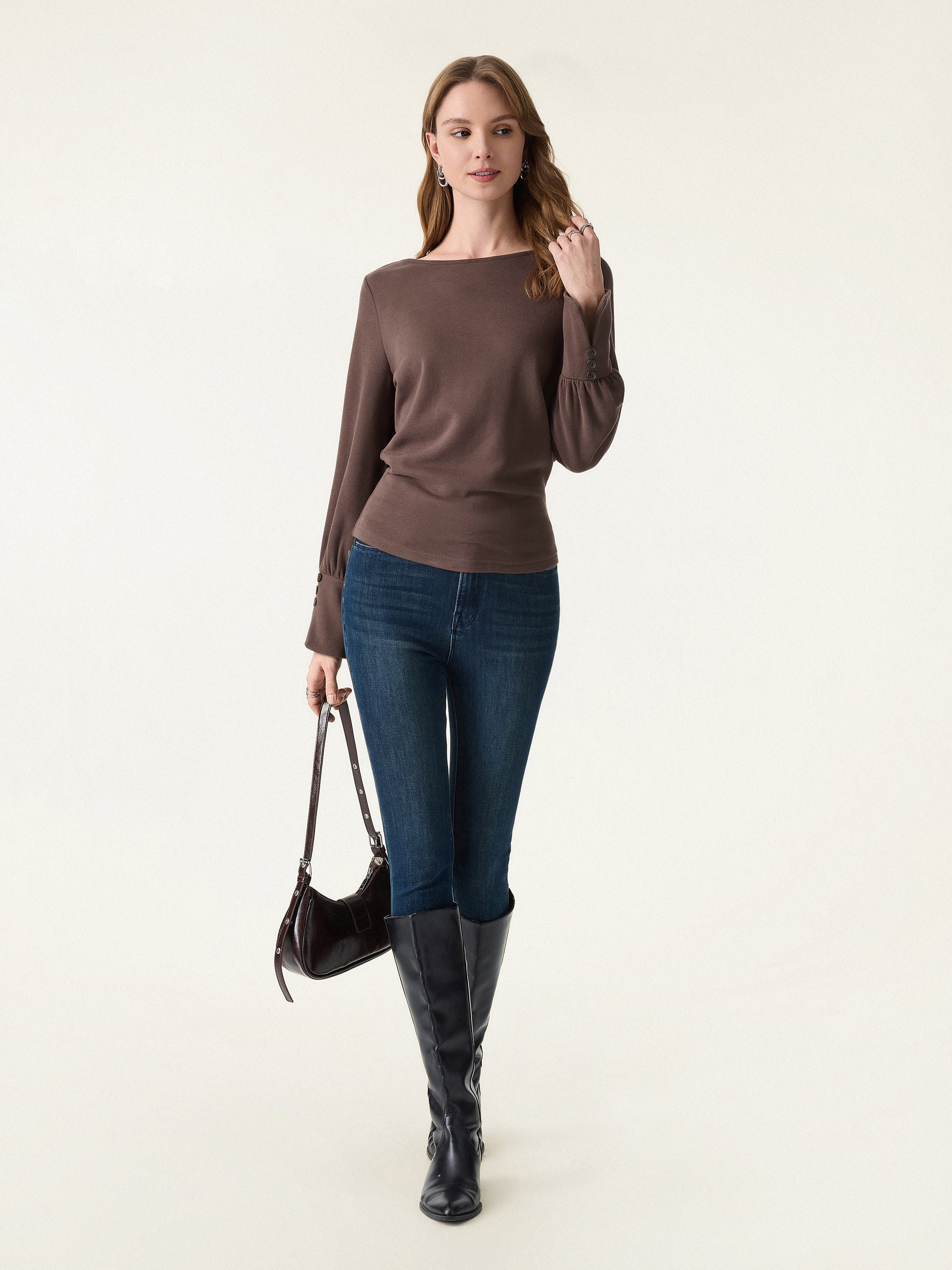 Cozy Warm Boatneck Buttoned Sleeve Top
